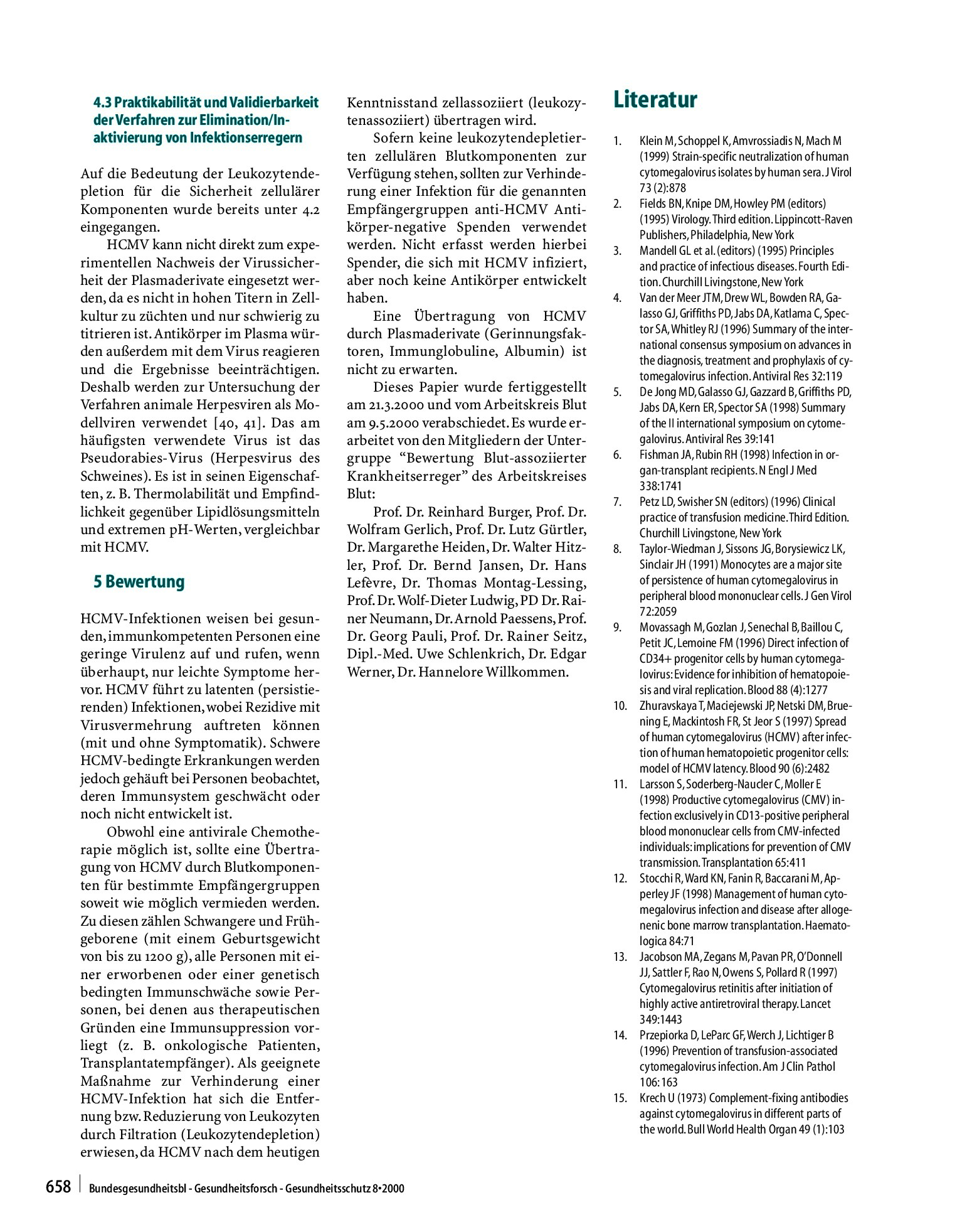 Vorschauseite 6: Humanes Cytomegalovirus (HCMV) Stellungnahmen des Arbeitskreises Blut des Bundesministeriums für Gesundheit
