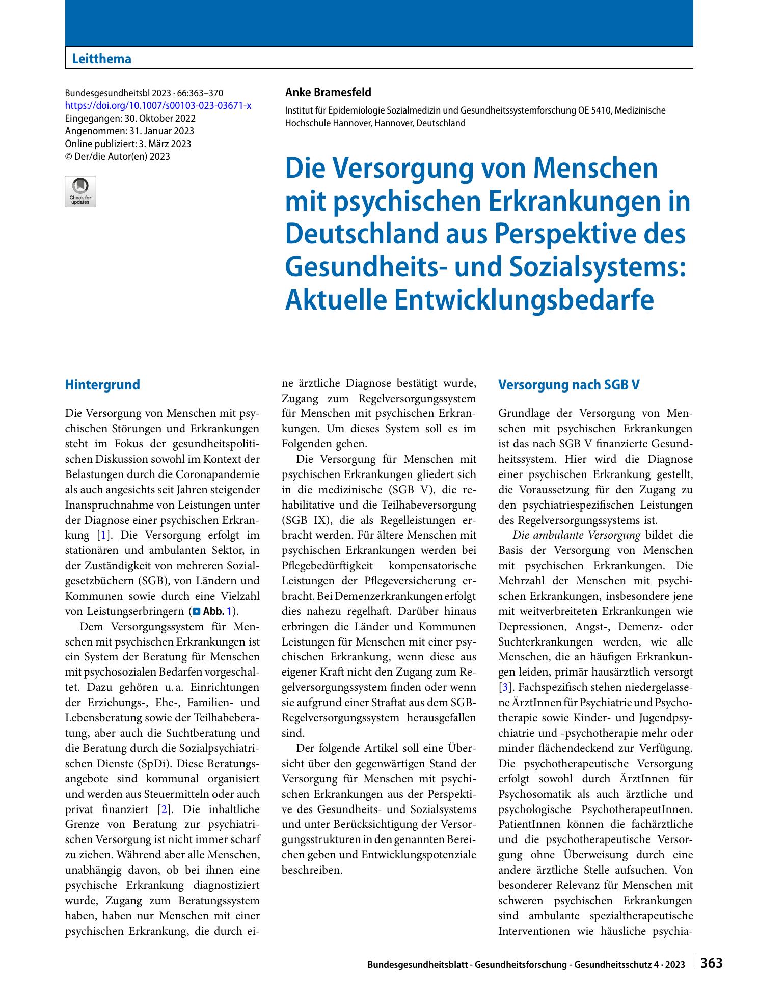 Vorschauseite 1: Die Versorgung von Menschen mit psychischen Erkrankungen in Deutschland aus Perspektive des Gesundheits- und Sozialsystems: Aktuelle Entwicklungsbedarfe