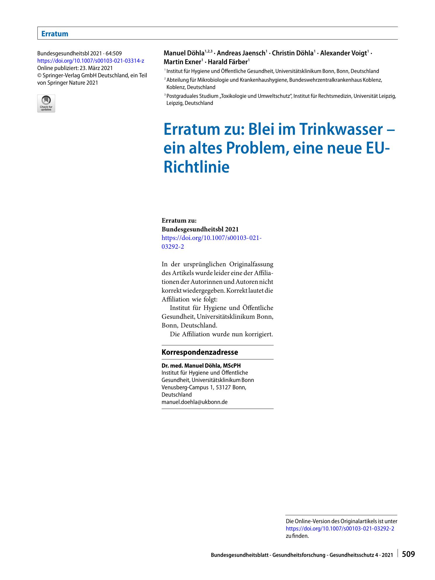 Vorschauseite 1: Erratum zu: Blei im Trinkwasser – ein altes Problem, eine neue EU-Richtlinie