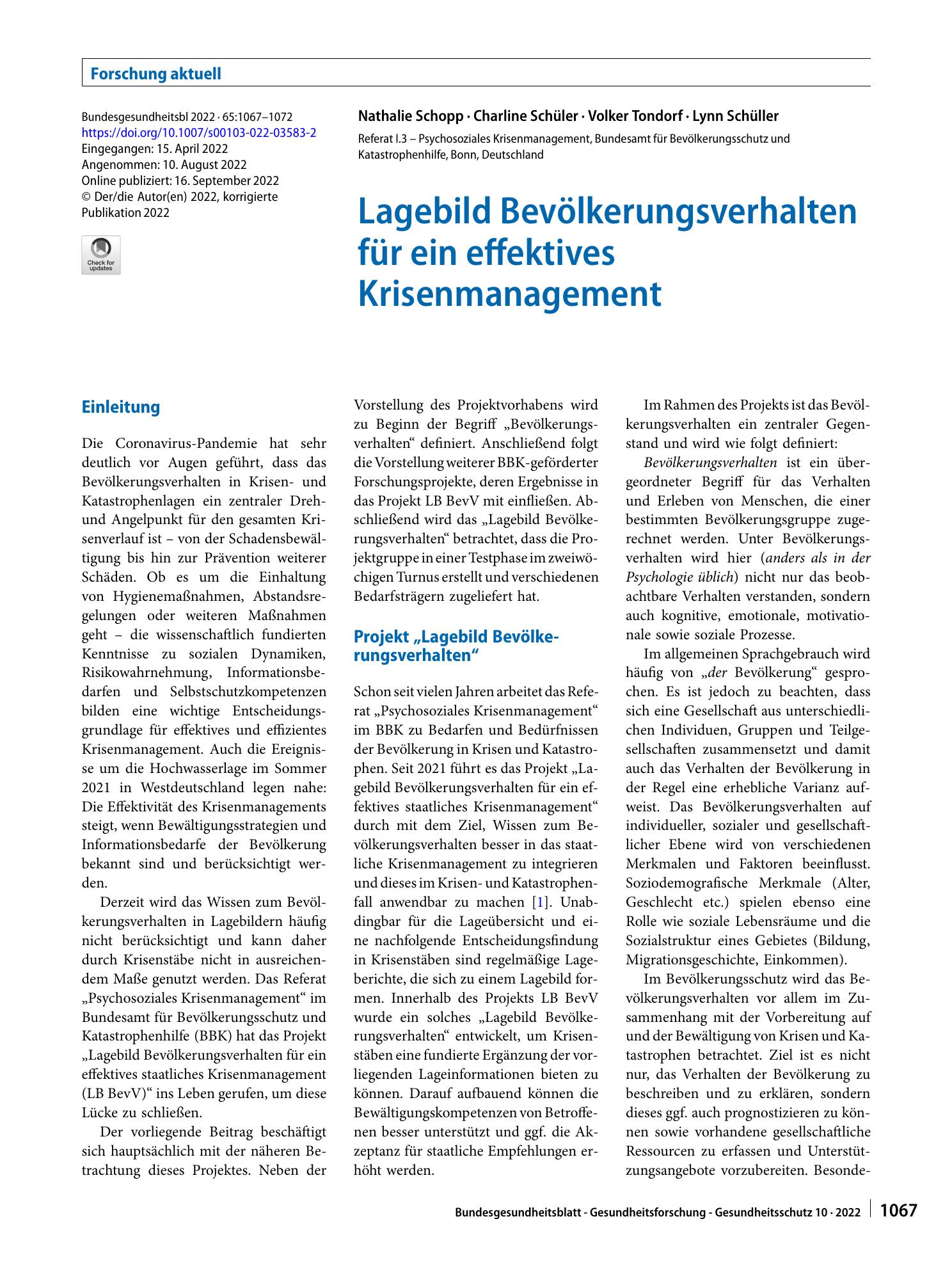 Vorschauseite 1: Lagebild Bevölkerungsverhalten für ein effektives Krisenmanagement