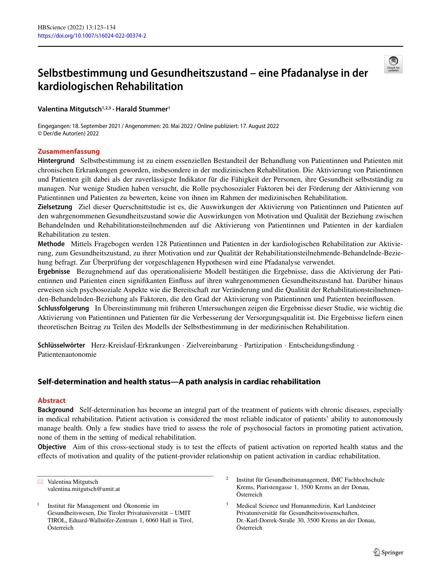 Vorschauseite 1: Selbstbestimmung und Gesundheitszustand – eine Pfadanalyse in der kardiologischen Rehabilitation