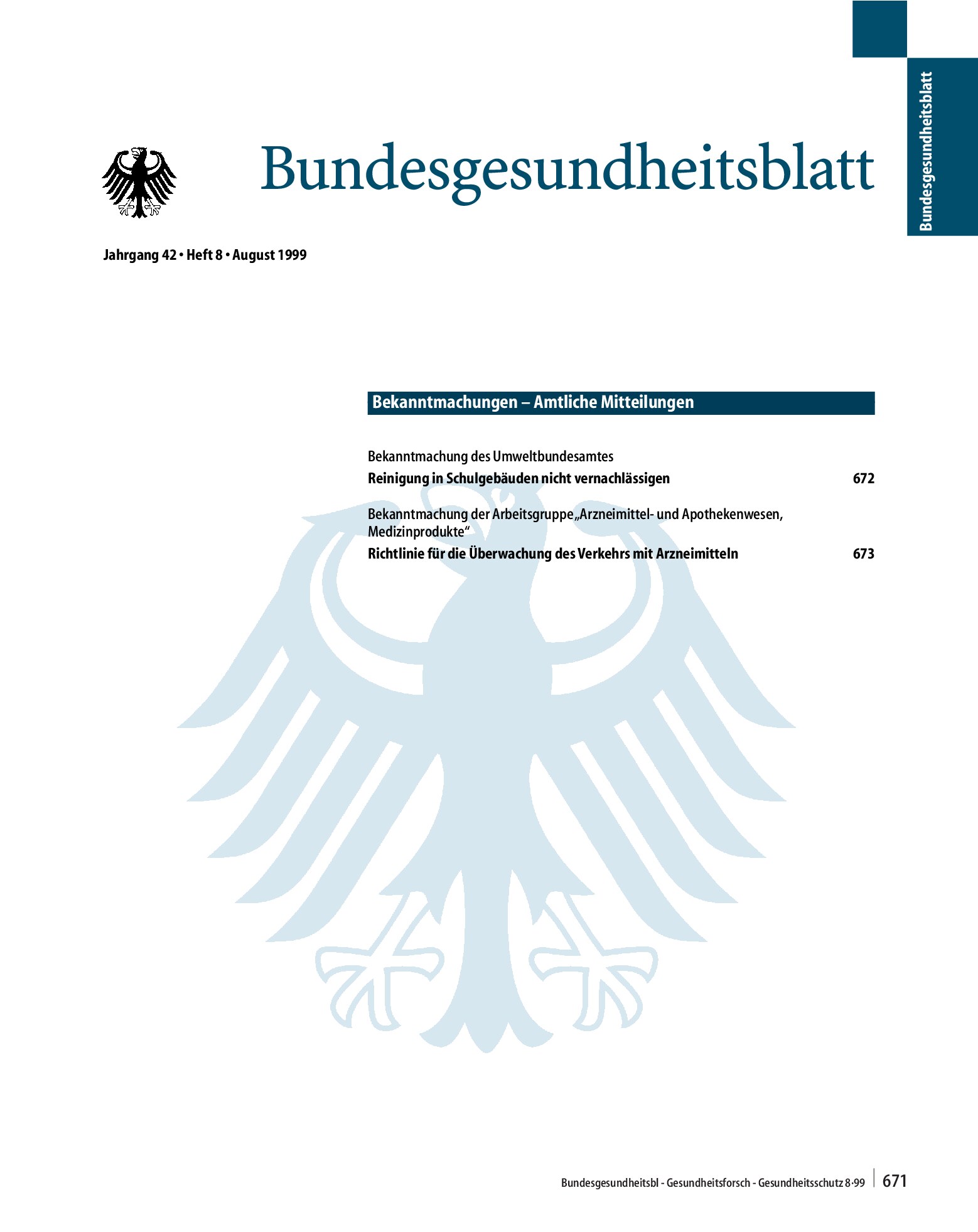 Vorschauseite 1: Bundesgesundheitsblatt Jahrgang 42 · Heft 8 · August 1999
