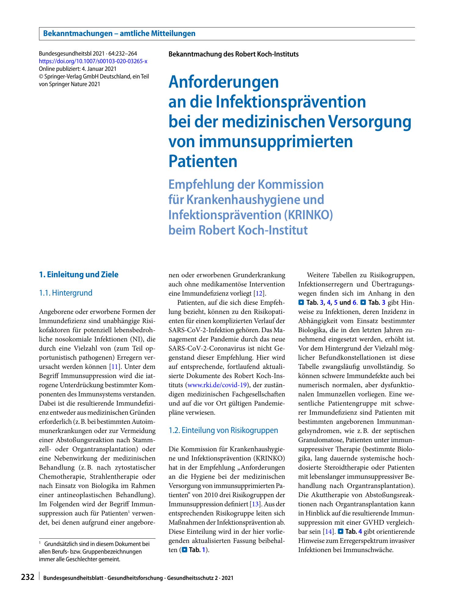 Vorschauseite 1: Anforderungen an die Infektionsprävention bei der medizinischen Versorgung von immunsupprimierten Patienten