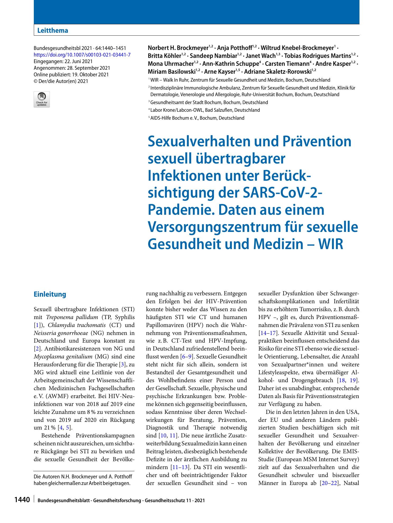 Vorschauseite 1: Sexualverhalten und Prävention sexuell übertragbarer Infektionen unter Berücksichtigung der SARS-CoV-2-Pandemie. Daten aus einem Versorgungszentrum für sexuelle Gesundheit und Med…