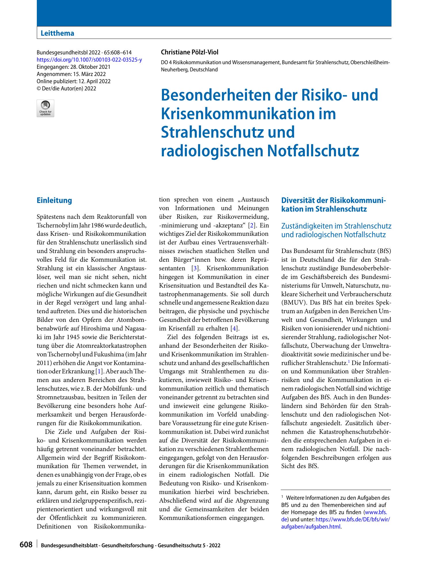 Vorschauseite 1: Besonderheiten der Risiko- und Krisenkommunikation im Strahlenschutz und radiologischen Notfallschutz