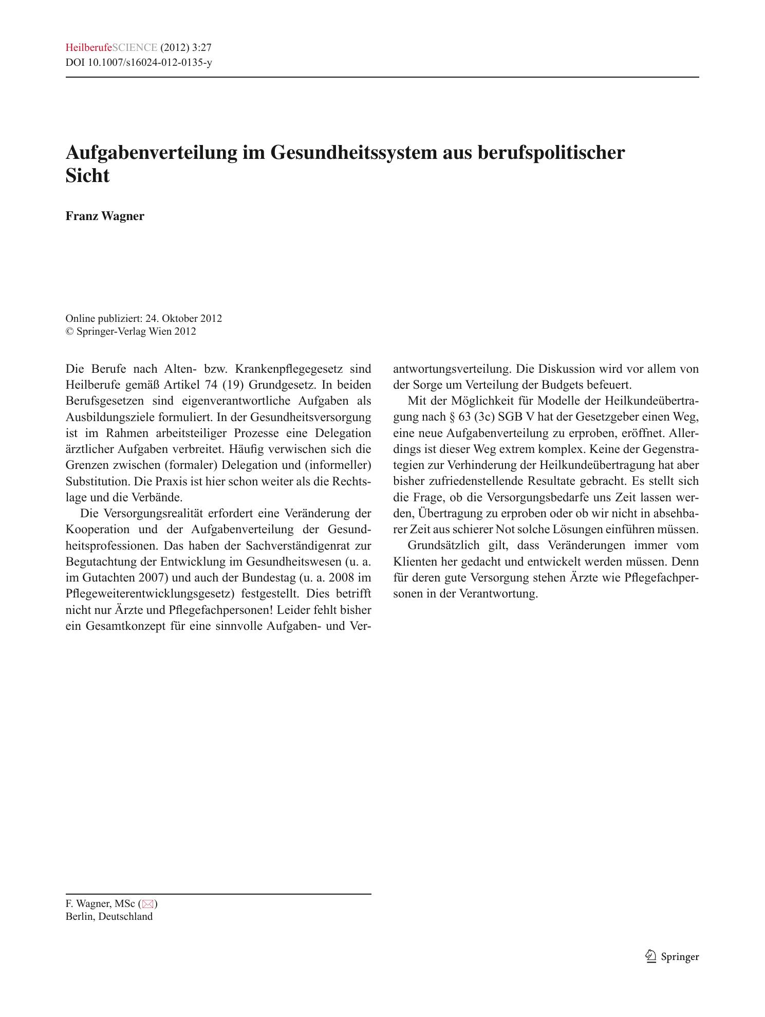 Vorschauseite 1: Aufgabenverteilung im Gesundheitssystem aus berufspolitischer Sicht