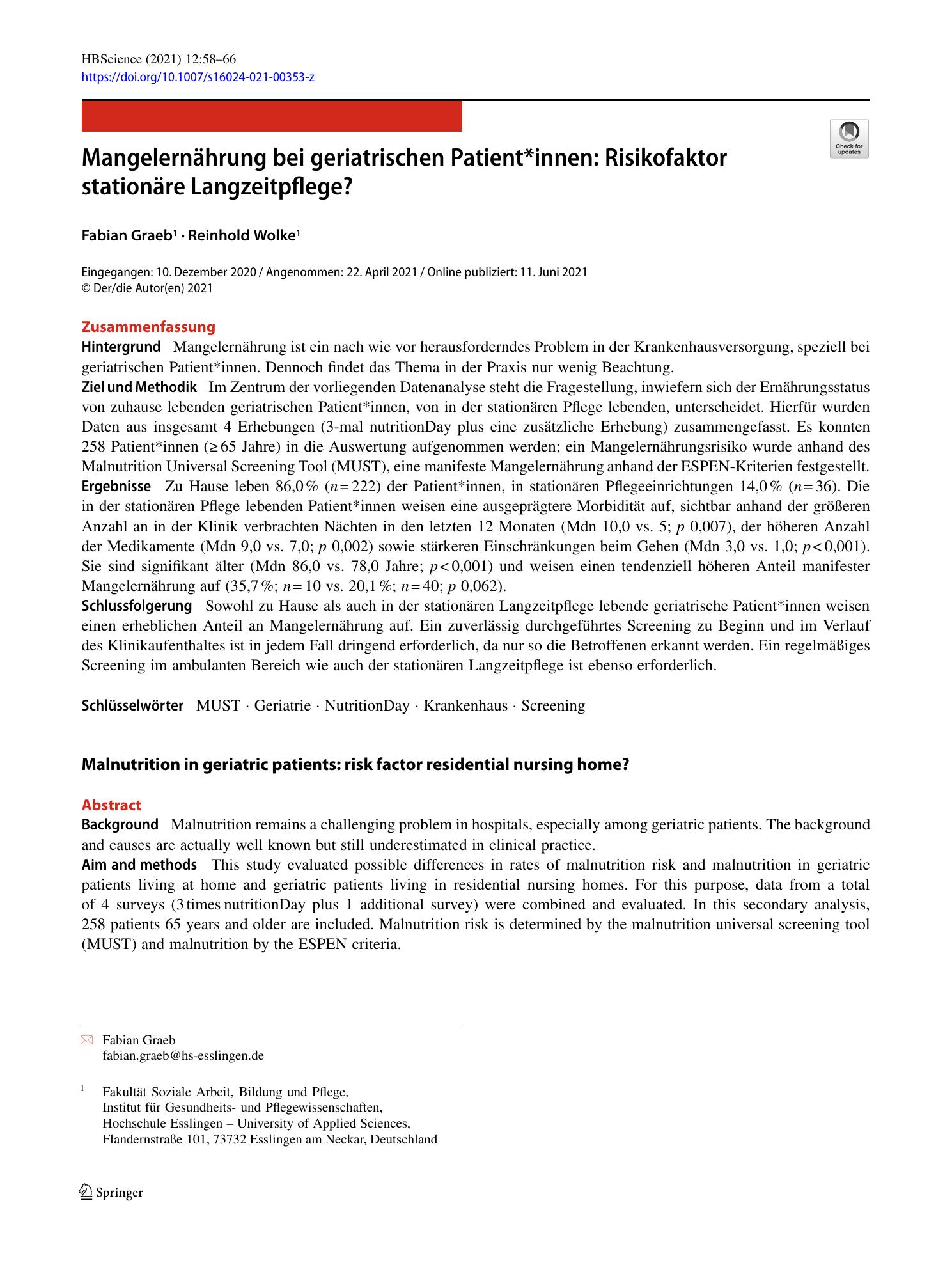 Vorschauseite 1: Mangelernährung bei geriatrischen Patient*innen: Risikofaktor stationäre Langzeitpflege?