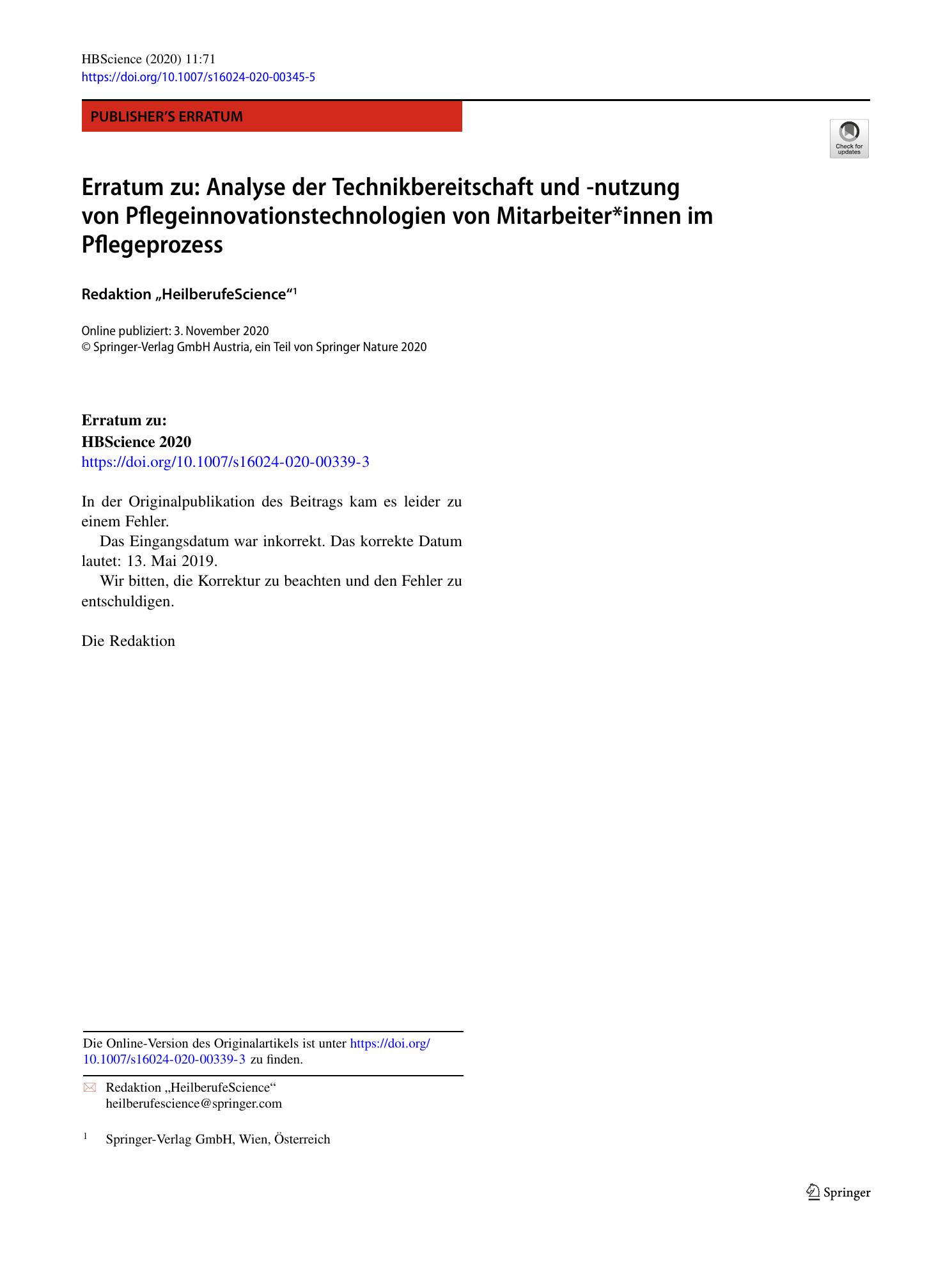 Vorschauseite 1: Erratum zu: Analyse der Technikbereitschaft und -nutzung von Pflegeinnovationstechnologien von Mitarbeiter*innen im Pflegeprozess