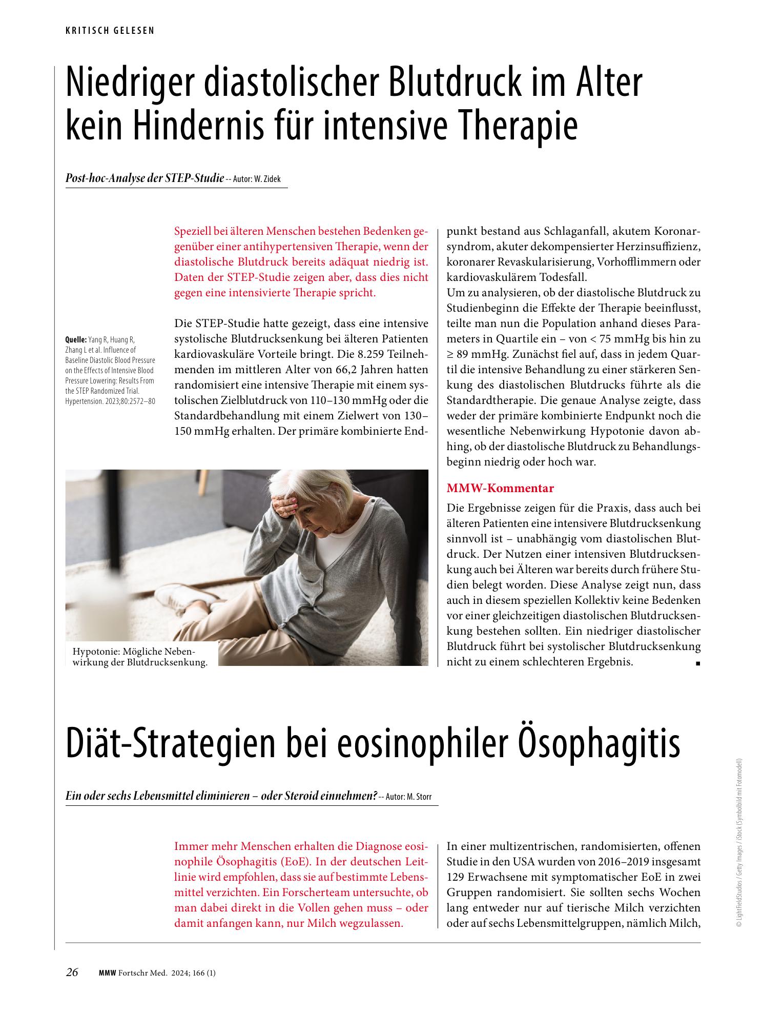Vorschauseite 1: Niedriger diastolischer Blutdruck im Alter kein Hindernis für intensive Therapie
