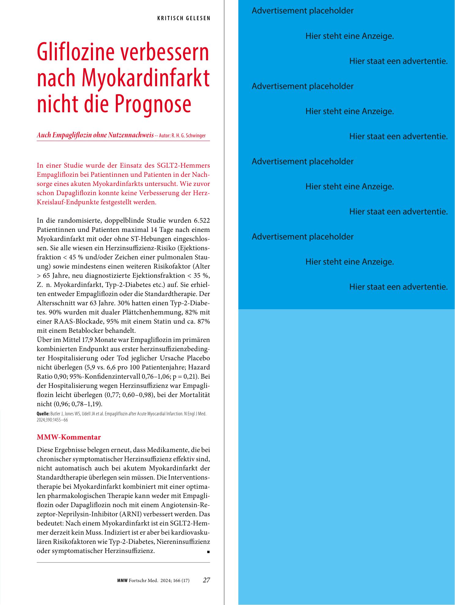 Vorschauseite 1: Gliflozine verbessern nach Myokardinfarkt nicht die Prognose