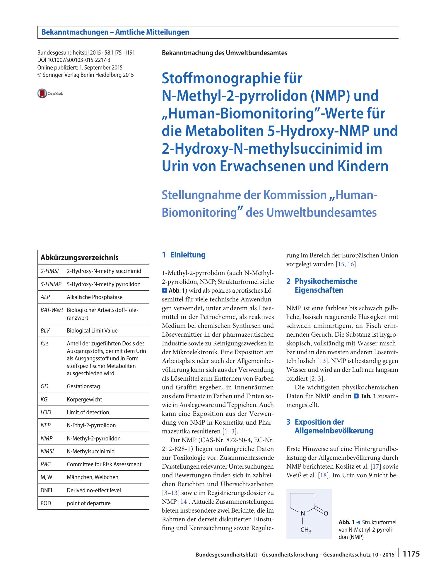 Vorschauseite 1: Stoffmonographie für N-Methyl-2-pyrrolidon (NMP) und „Human-Biomonitoring“-Werte für die Metaboliten 5-Hydroxy-NMP und 2-Hydroxy-N-methylsuccinimid im Urin von Erwachsenen und Kin…