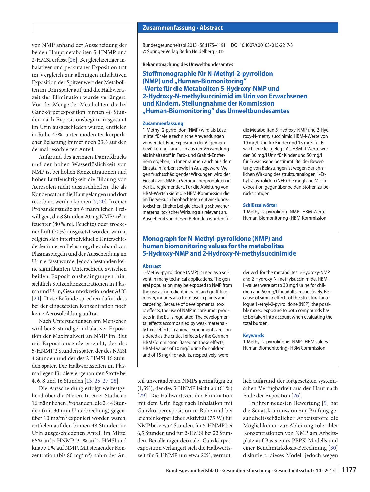 Vorschauseite 3: Stoffmonographie für N-Methyl-2-pyrrolidon (NMP) und „Human-Biomonitoring“-Werte für die Metaboliten 5-Hydroxy-NMP und 2-Hydroxy-N-methylsuccinimid im Urin von Erwachsenen und Kin…