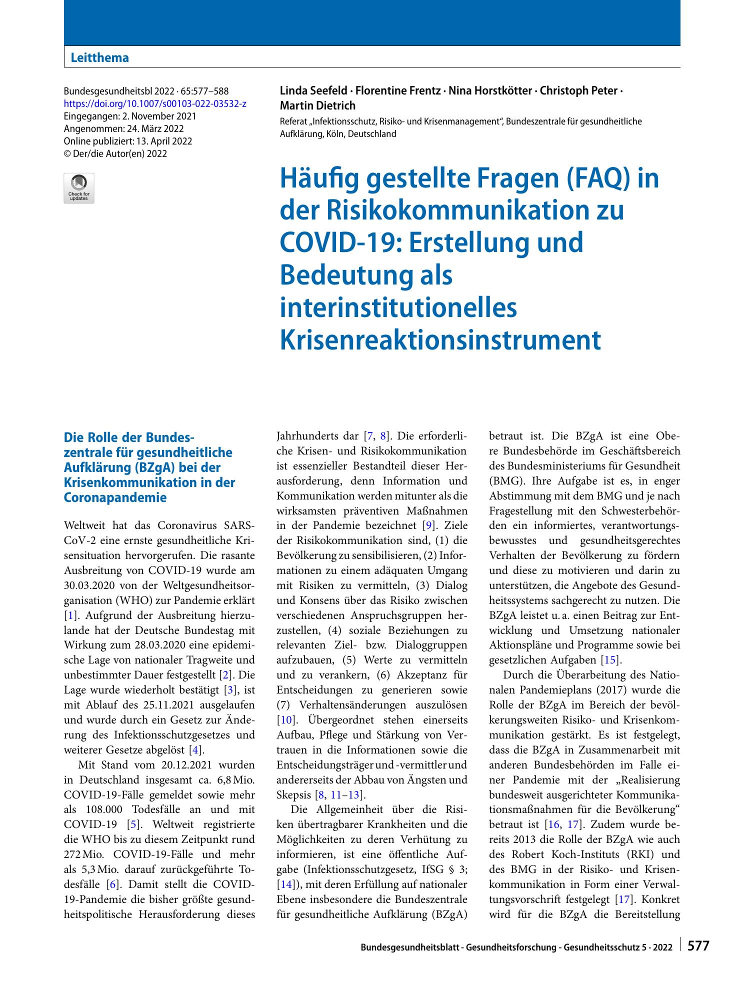 Vorschauseite 1: Häufig gestellte Fragen (FAQ) in der Risikokommunikation zu COVID-19: Erstellung und Bedeutung als interinstitutionelles Krisenreaktionsinstrument