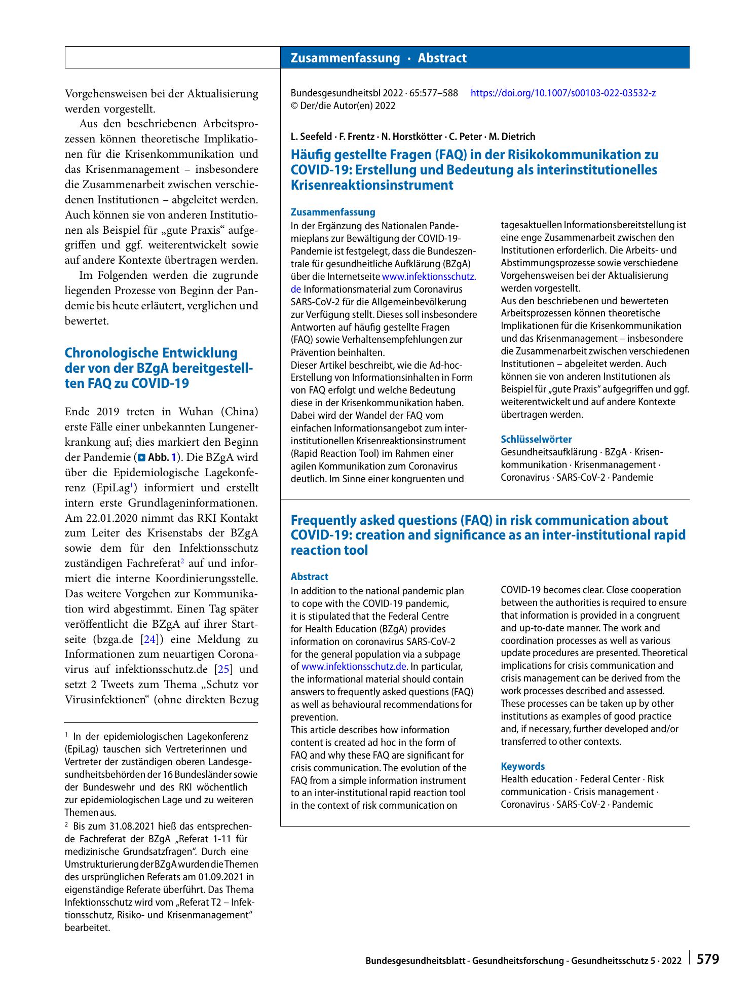 Vorschauseite 3: Häufig gestellte Fragen (FAQ) in der Risikokommunikation zu COVID-19: Erstellung und Bedeutung als interinstitutionelles Krisenreaktionsinstrument
