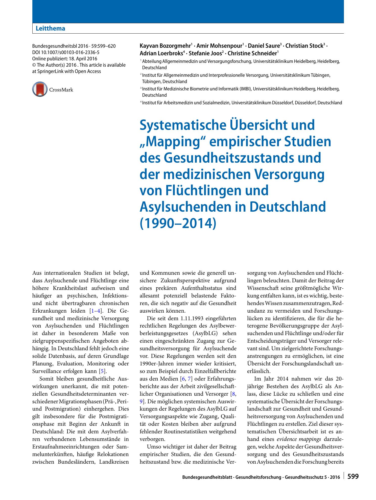 Vorschauseite 1: Systematische Übersicht und „Mapping“ empirischer Studien des Gesundheitszustands und der medizinischen Versorgung von Flüchtlingen und Asylsuchenden in Deutschland (1990–2014)