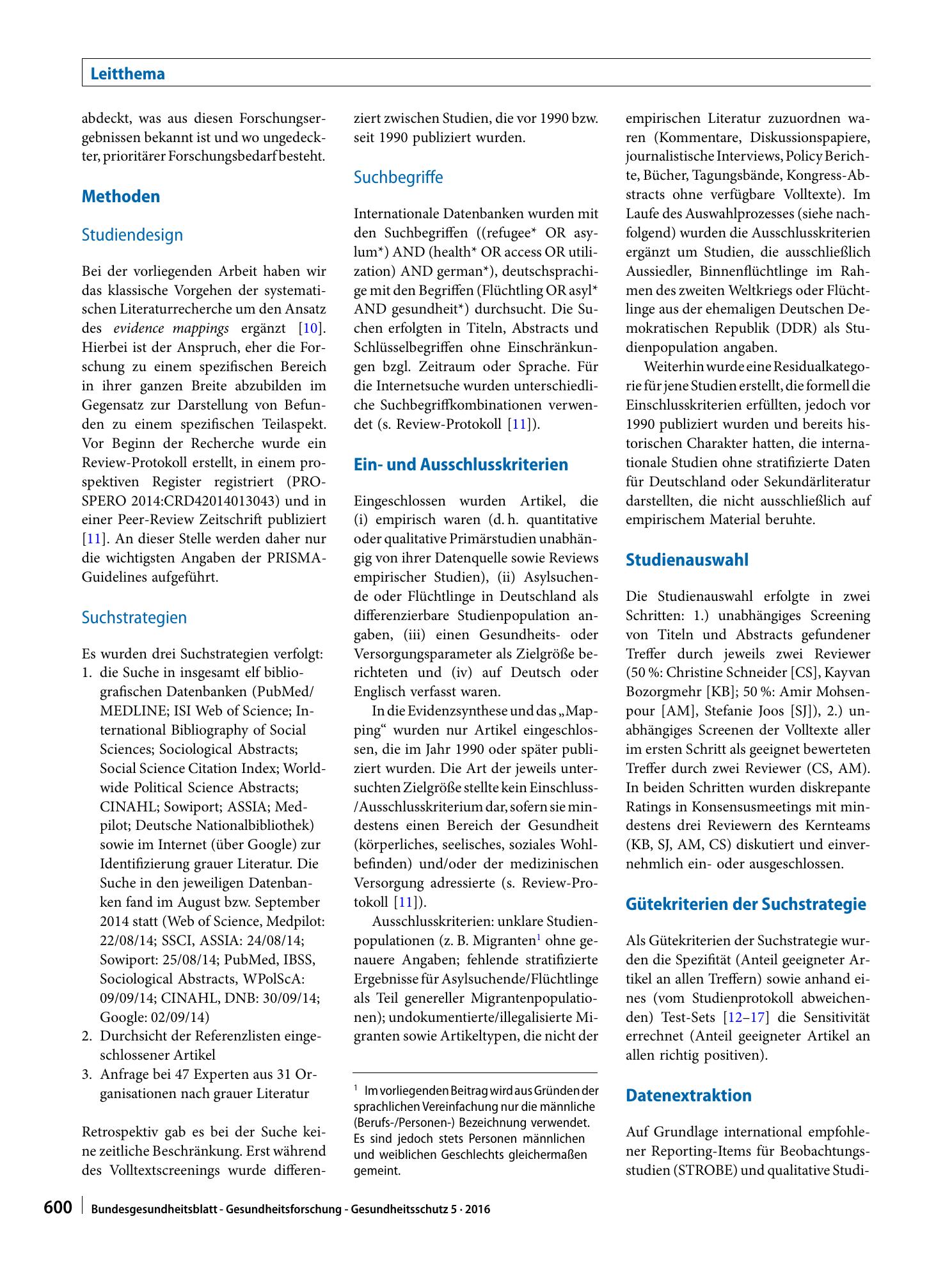 Vorschauseite 2: Systematische Übersicht und „Mapping“ empirischer Studien des Gesundheitszustands und der medizinischen Versorgung von Flüchtlingen und Asylsuchenden in Deutschland (1990–2014)