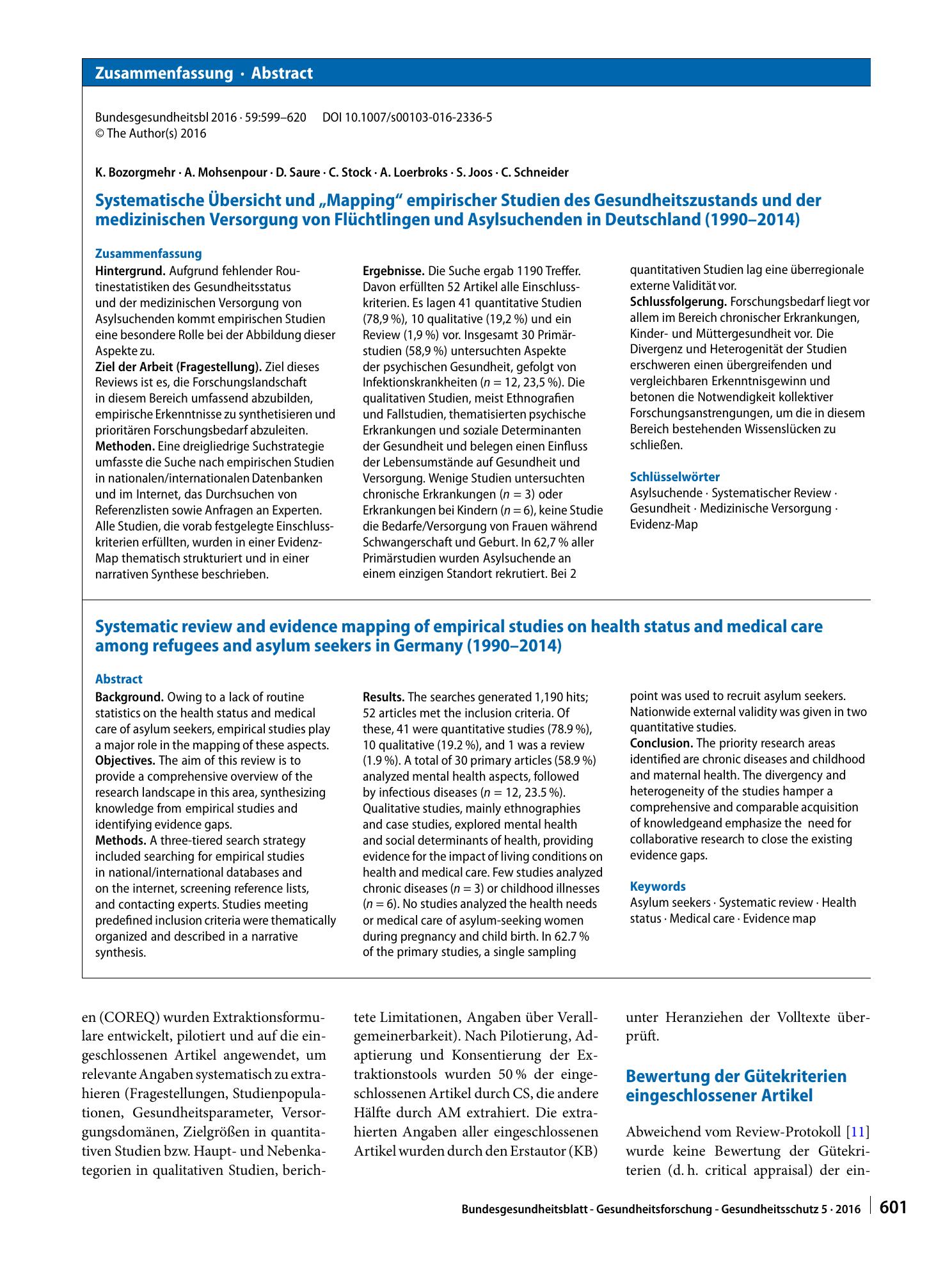 Vorschauseite 3: Systematische Übersicht und „Mapping“ empirischer Studien des Gesundheitszustands und der medizinischen Versorgung von Flüchtlingen und Asylsuchenden in Deutschland (1990–2014)