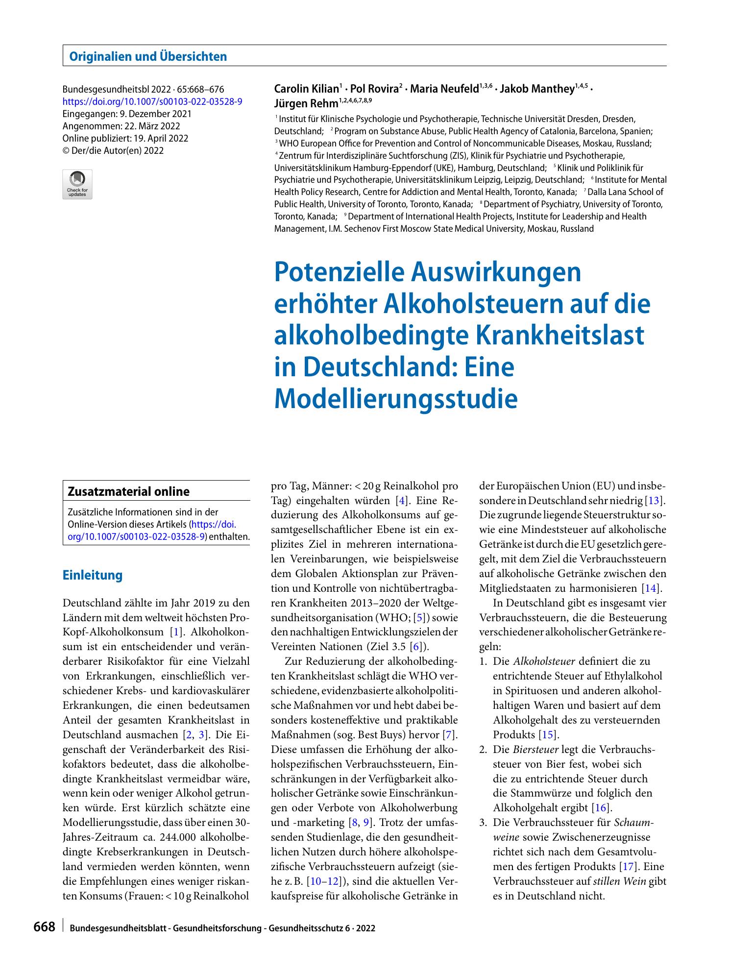 Vorschauseite 1: Potenzielle Auswirkungen erhöhter Alkoholsteuern auf die alkoholbedingte Krankheitslast in Deutschland: Eine Modellierungsstudie