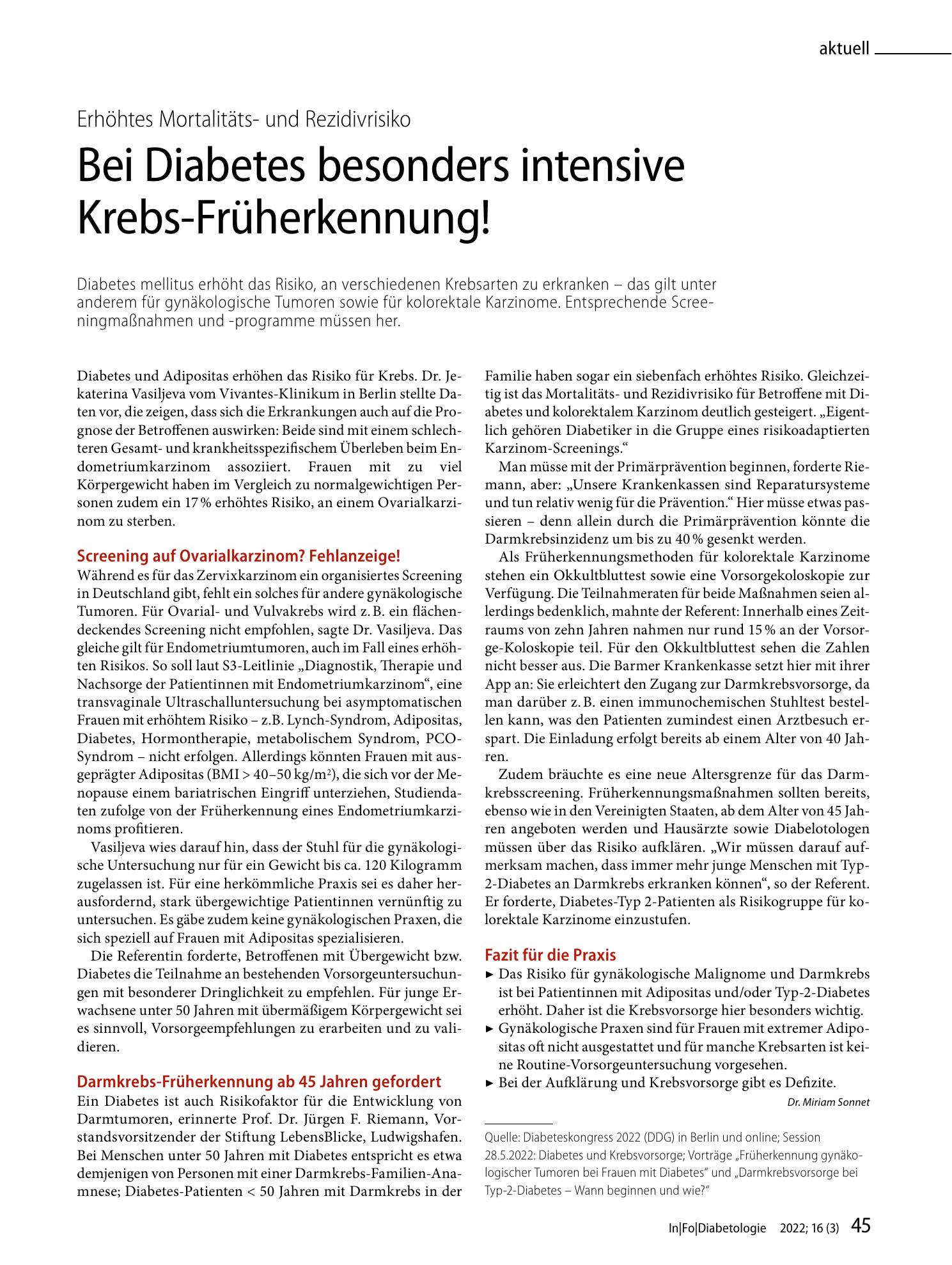 Vorschauseite 1: Bei Diabetes besonders intensive Krebs-Früherkennung!