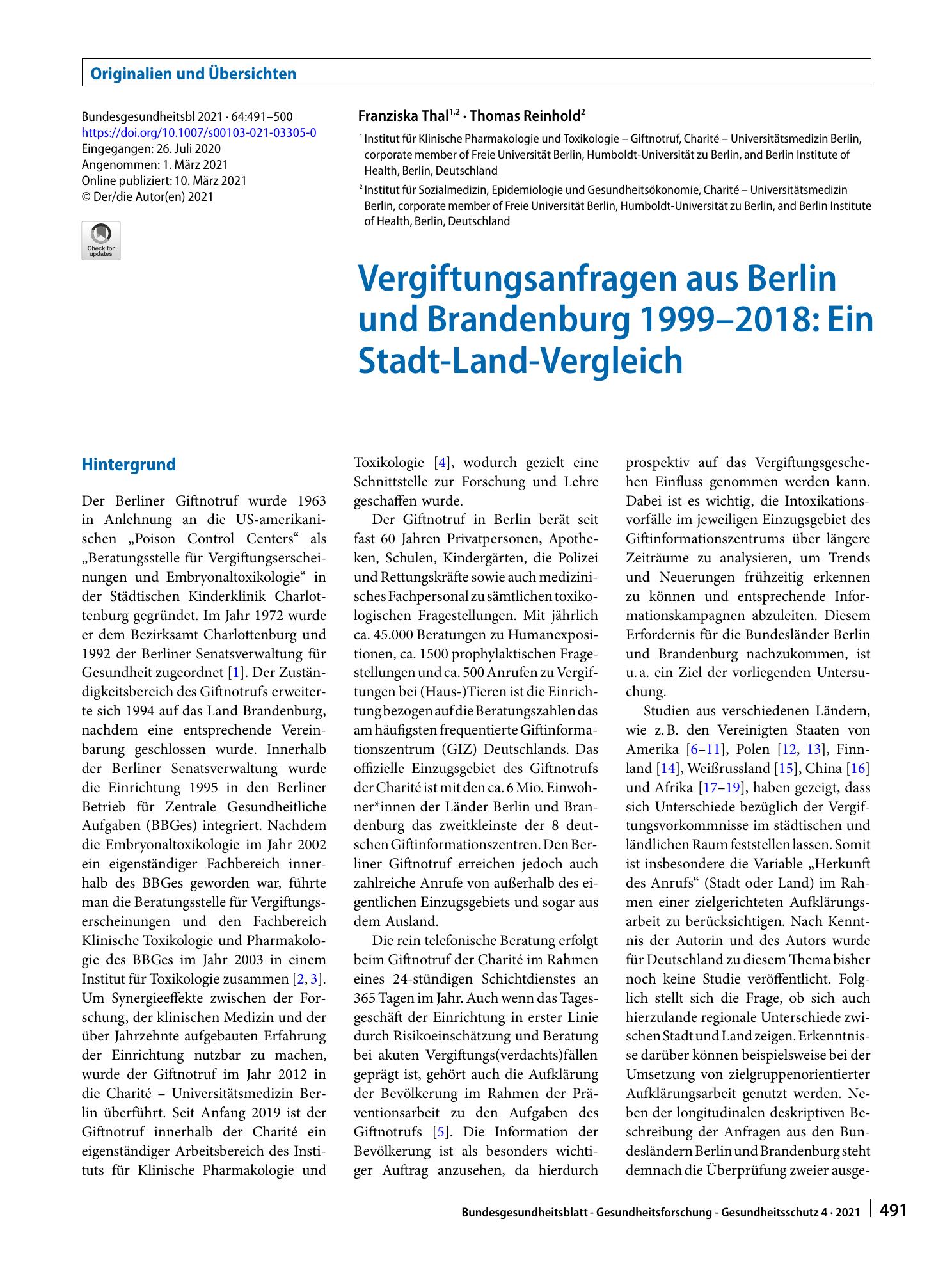 Vorschauseite 1: Vergiftungsanfragen aus Berlin und Brandenburg 1999–2018: Ein Stadt-Land-Vergleich