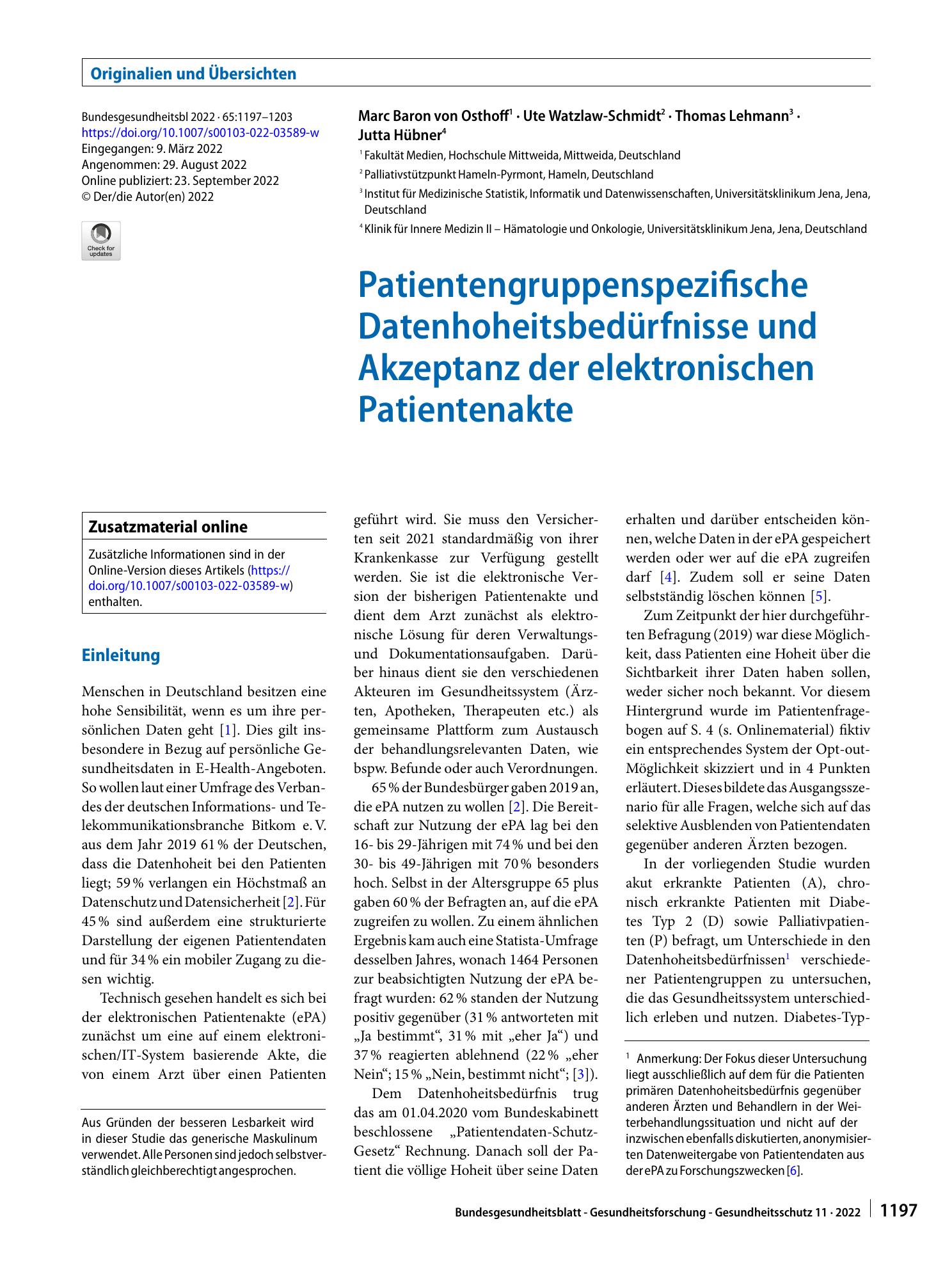 Vorschauseite 1: Patientengruppenspezifische Datenhoheitsbedürfnisse und Akzeptanz der elektronischen Patientenakte