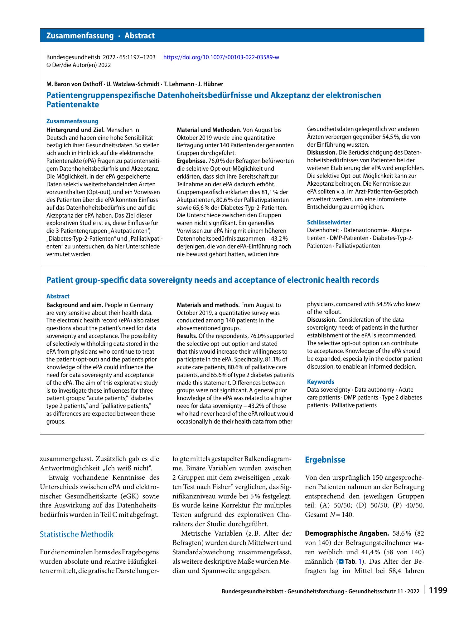Vorschauseite 3: Patientengruppenspezifische Datenhoheitsbedürfnisse und Akzeptanz der elektronischen Patientenakte
