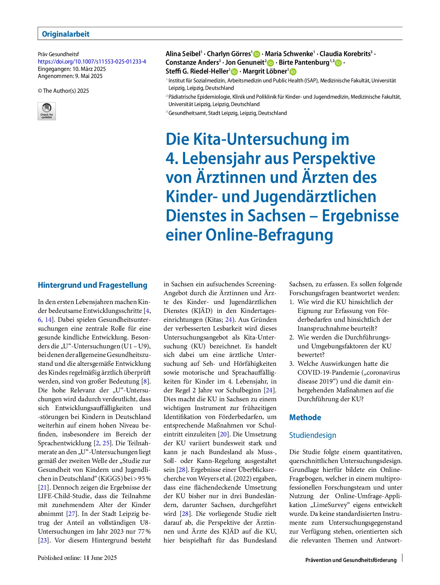 Vorschauseite 1: Die Kita-Untersuchung im 4. Lebensjahr aus Perspektive von Ärztinnen und Ärzten des Kinder- und Jugendärztlichen Dienstes in Sachsen – Ergebnisse einer Online-Befragung