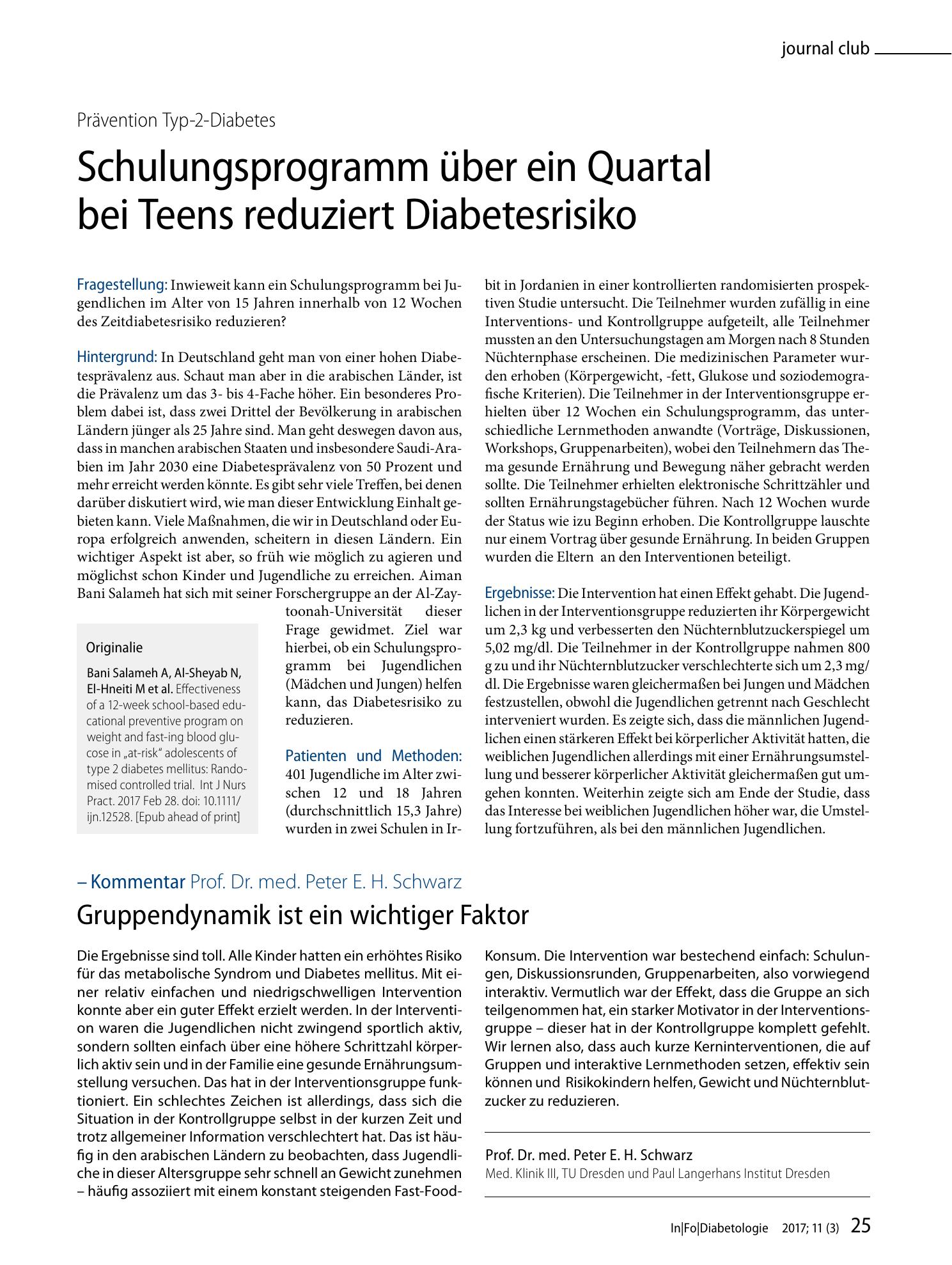 Vorschauseite 1: Schulungsprogramm über ein Quartal bei Teens reduziert Diabetesrisiko