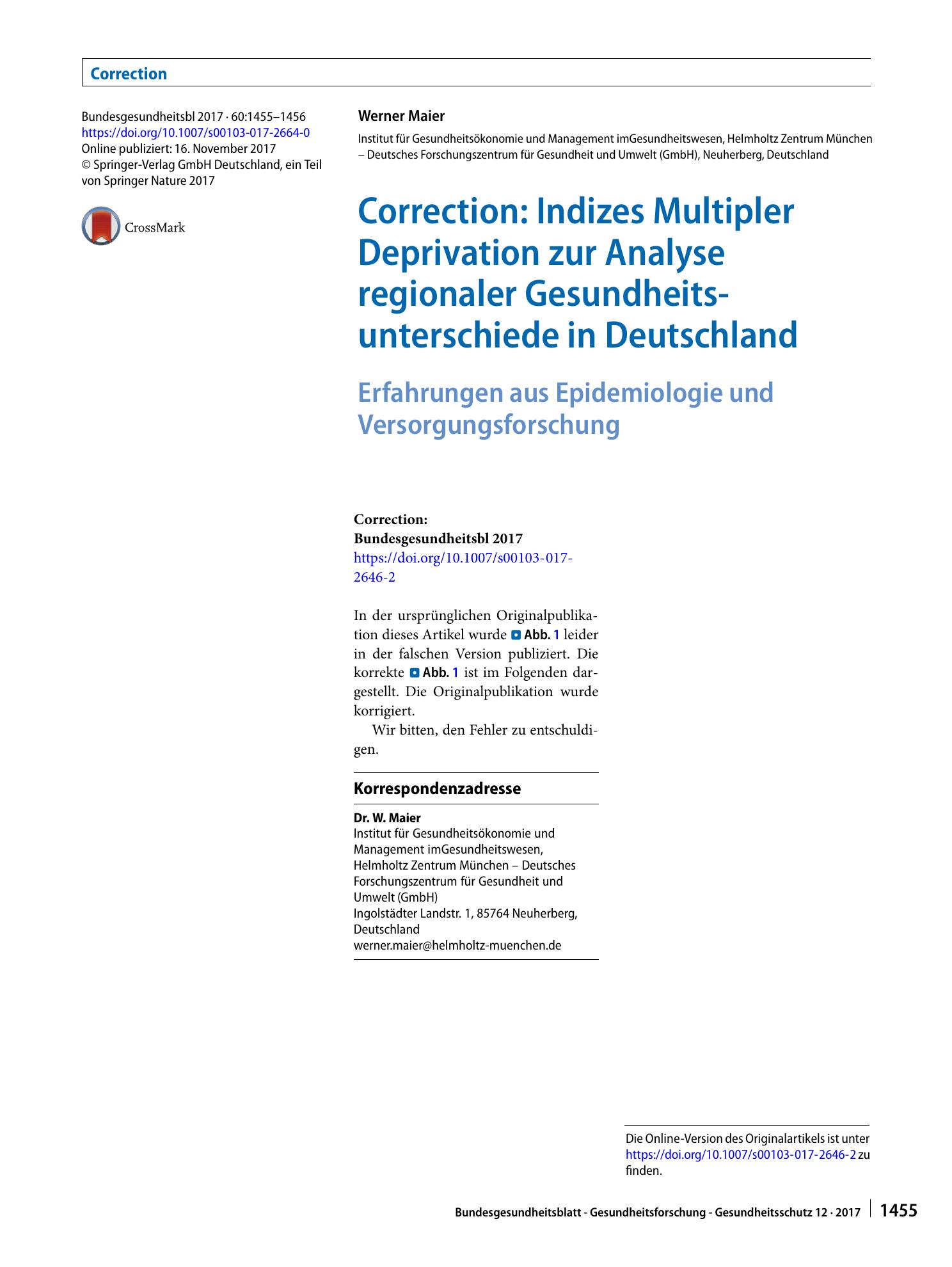 Vorschauseite 1: Correction: Indizes Multipler Deprivation zur Analyse regionaler Gesundheitsunterschiede in Deutschland