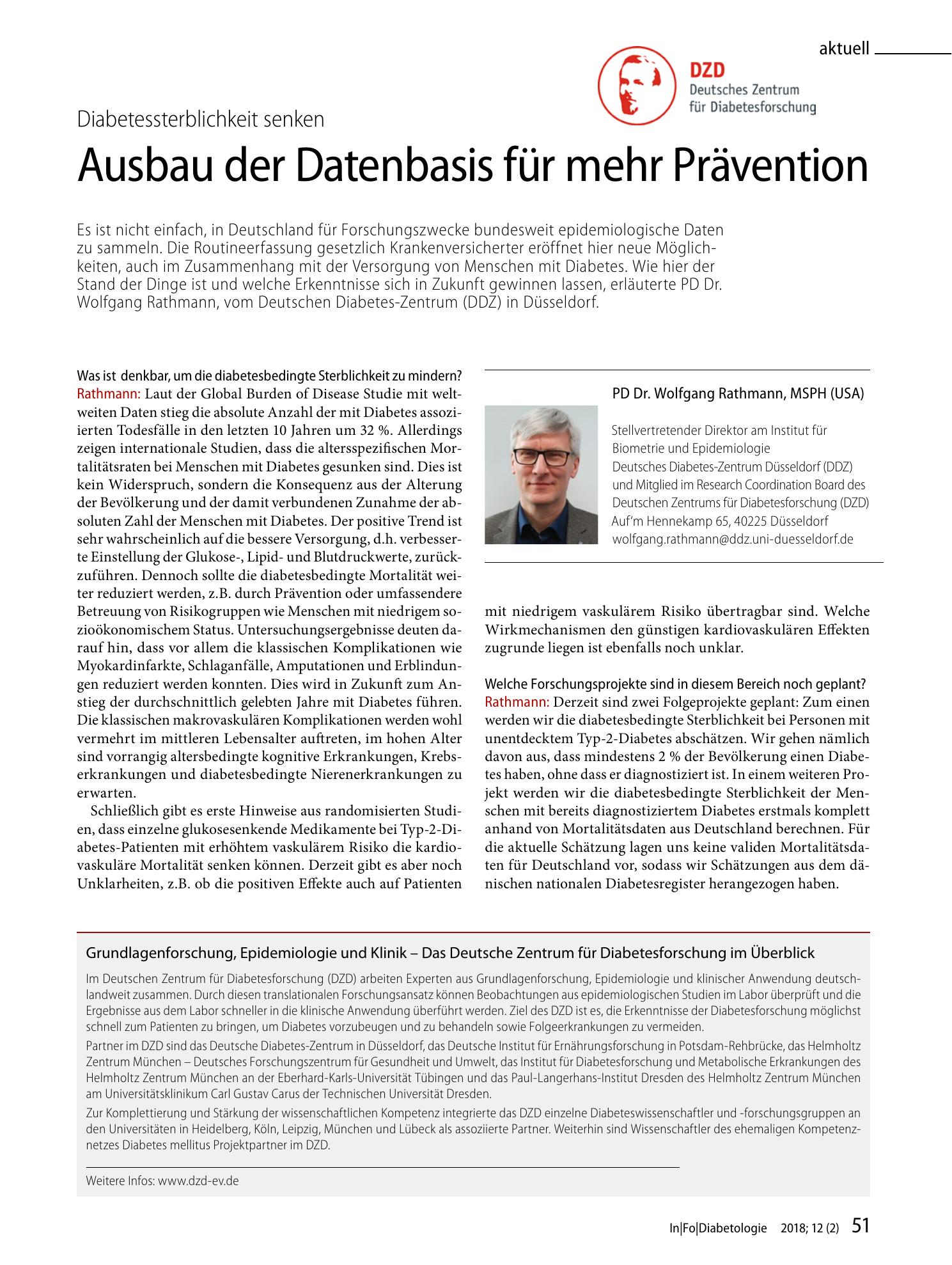 Vorschauseite 1: Grundlagenforschung, Epidemiologie und Klinik — Das Deutsche Zentrum für Diabetesforschung im Überblick