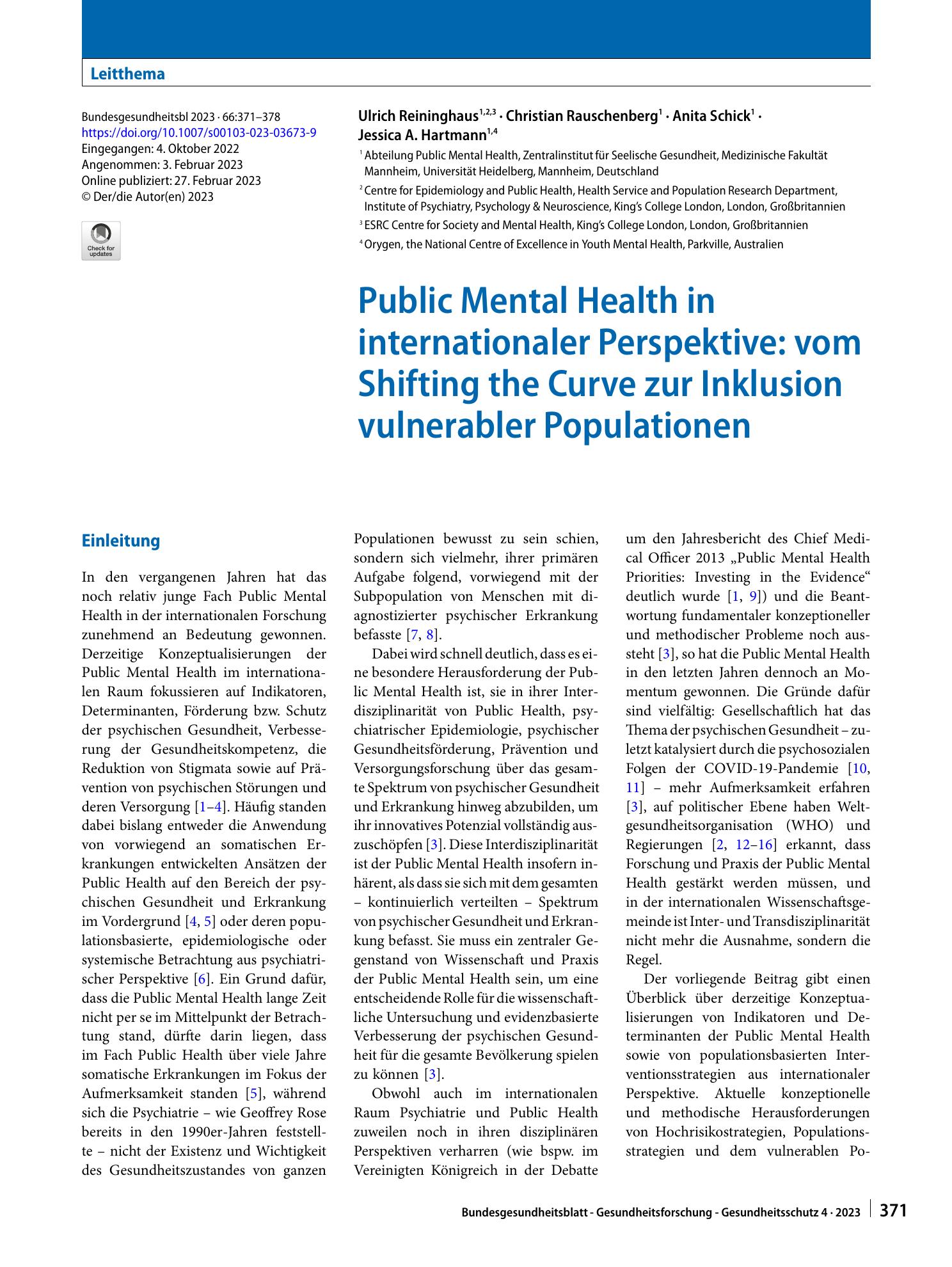 Vorschauseite 1: Public Mental Health in internationaler Perspektive: vom Shifting the Curve zur Inklusion vulnerabler Populationen