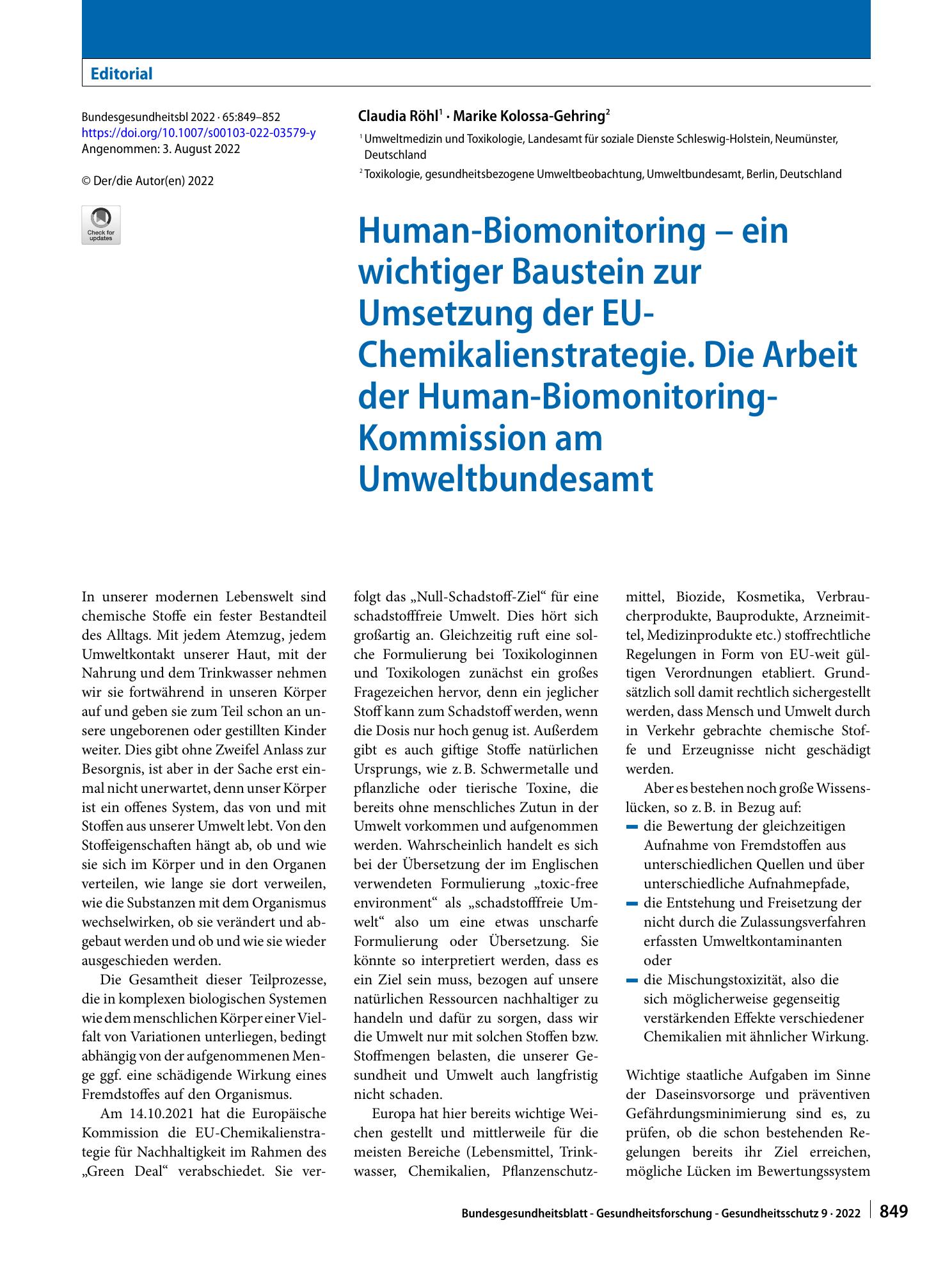Vorschauseite 1: Human-Biomonitoring – ein wichtiger Baustein zur Umsetzung der EU-Chemikalienstrategie. Die Arbeit der Human-Biomonitoring-Kommission am Umweltbundesamt