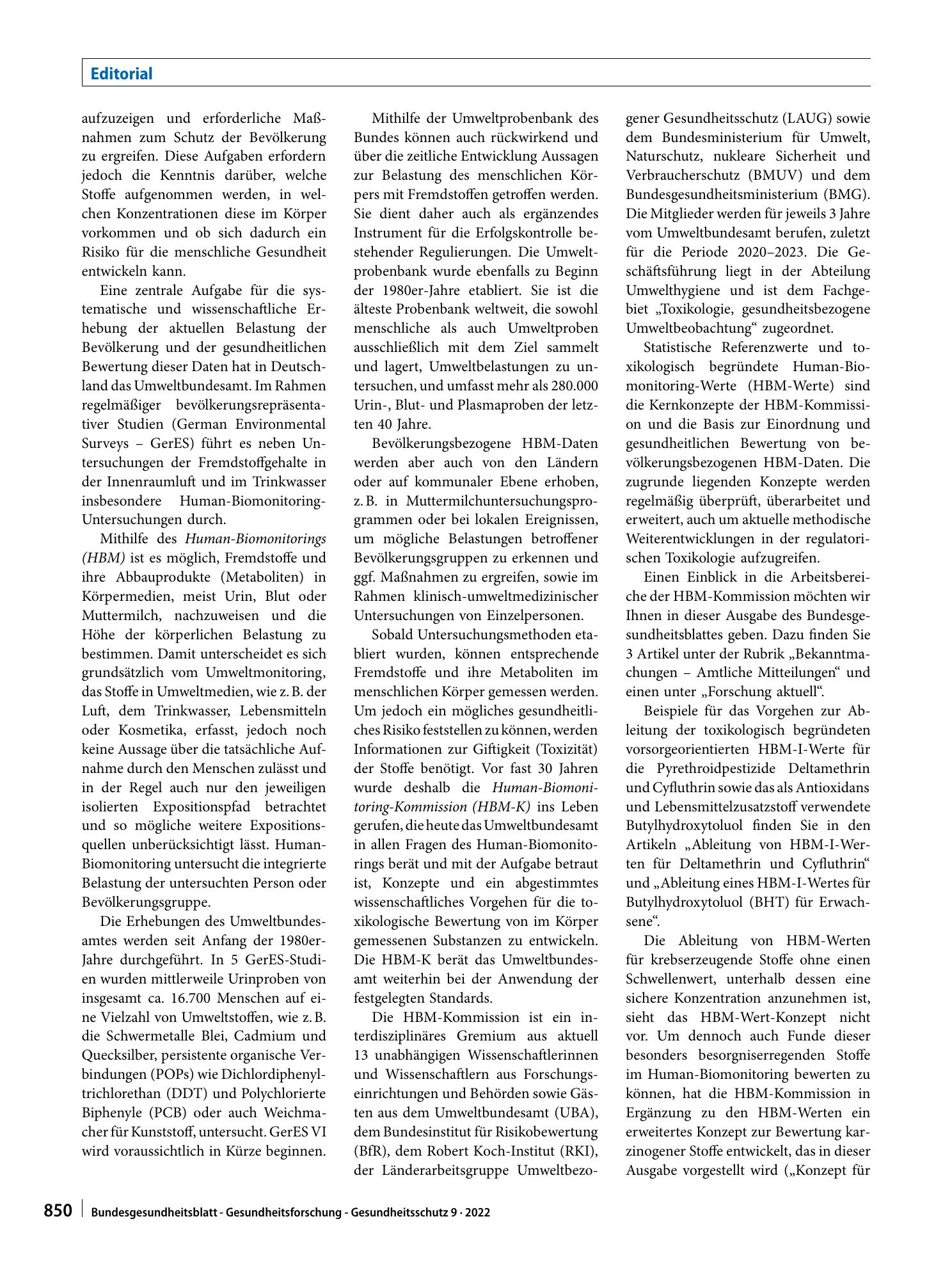Vorschauseite 2: Human-Biomonitoring – ein wichtiger Baustein zur Umsetzung der EU-Chemikalienstrategie. Die Arbeit der Human-Biomonitoring-Kommission am Umweltbundesamt