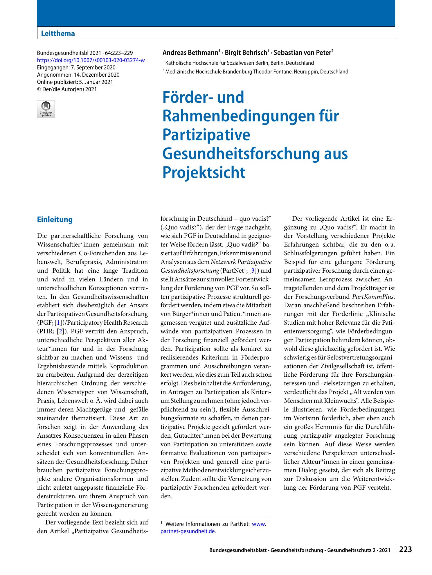 Vorschauseite 1: Förder- und Rahmenbedingungen für Partizipative Gesundheitsforschung aus Projektsicht