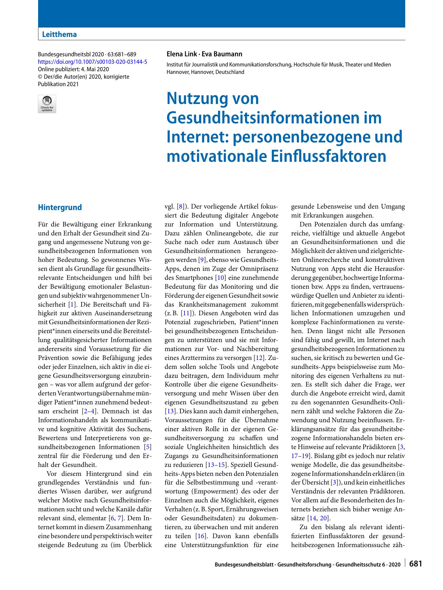 Vorschauseite 1: Nutzung von Gesundheitsinformationen im Internet: personenbezogene und motivationale Einflussfaktoren