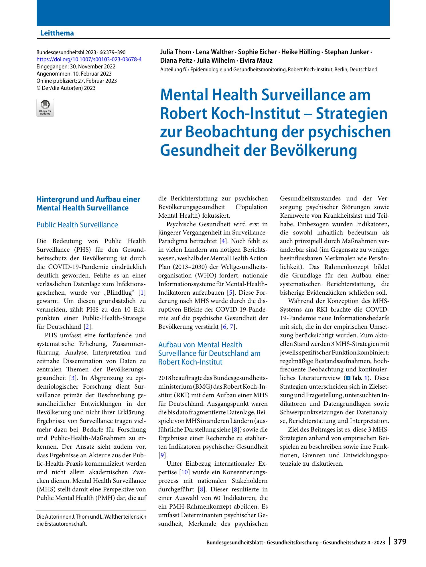 Vorschauseite 1: Mental Health Surveillance am Robert Koch-Institut – Strategien zur Beobachtung der psychischen Gesundheit der Bevölkerung