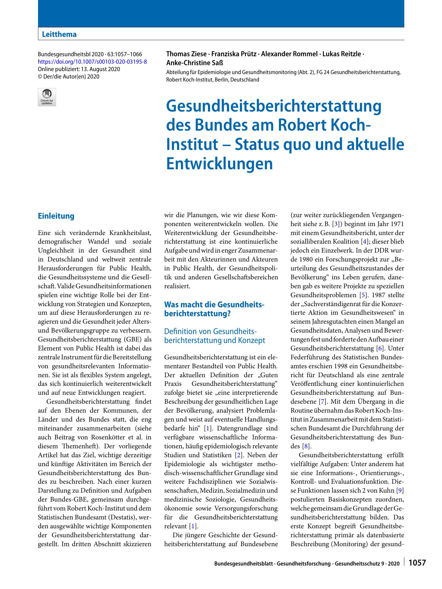 Vorschauseite 1: Gesundheitsberichterstattung des Bundes am Robert Koch-Institut – Status quo und aktuelle Entwicklungen