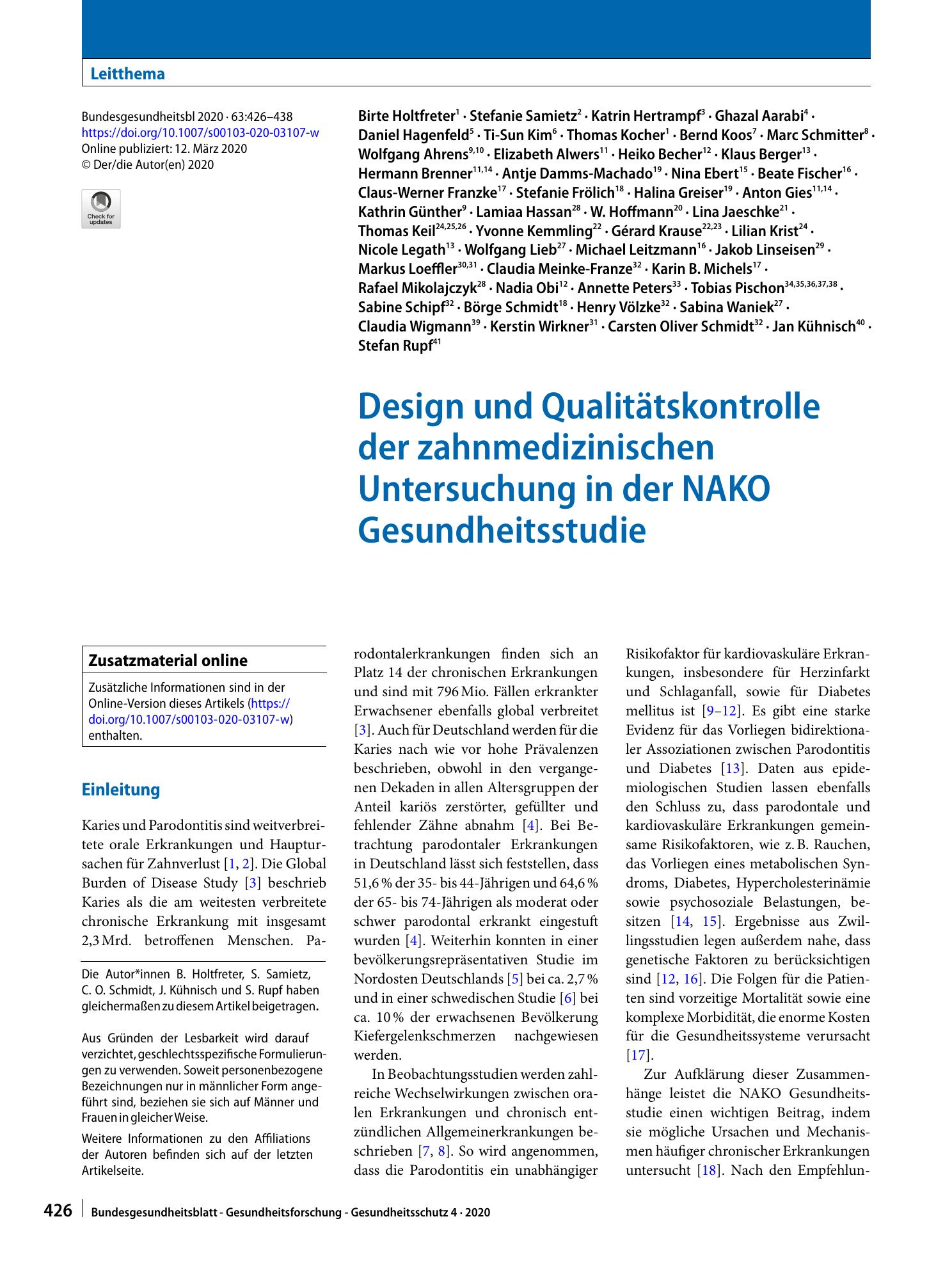 Vorschauseite 1: Design und Qualitätskontrolle der zahnmedizinischen Untersuchung in der NAKO Gesundheitsstudie