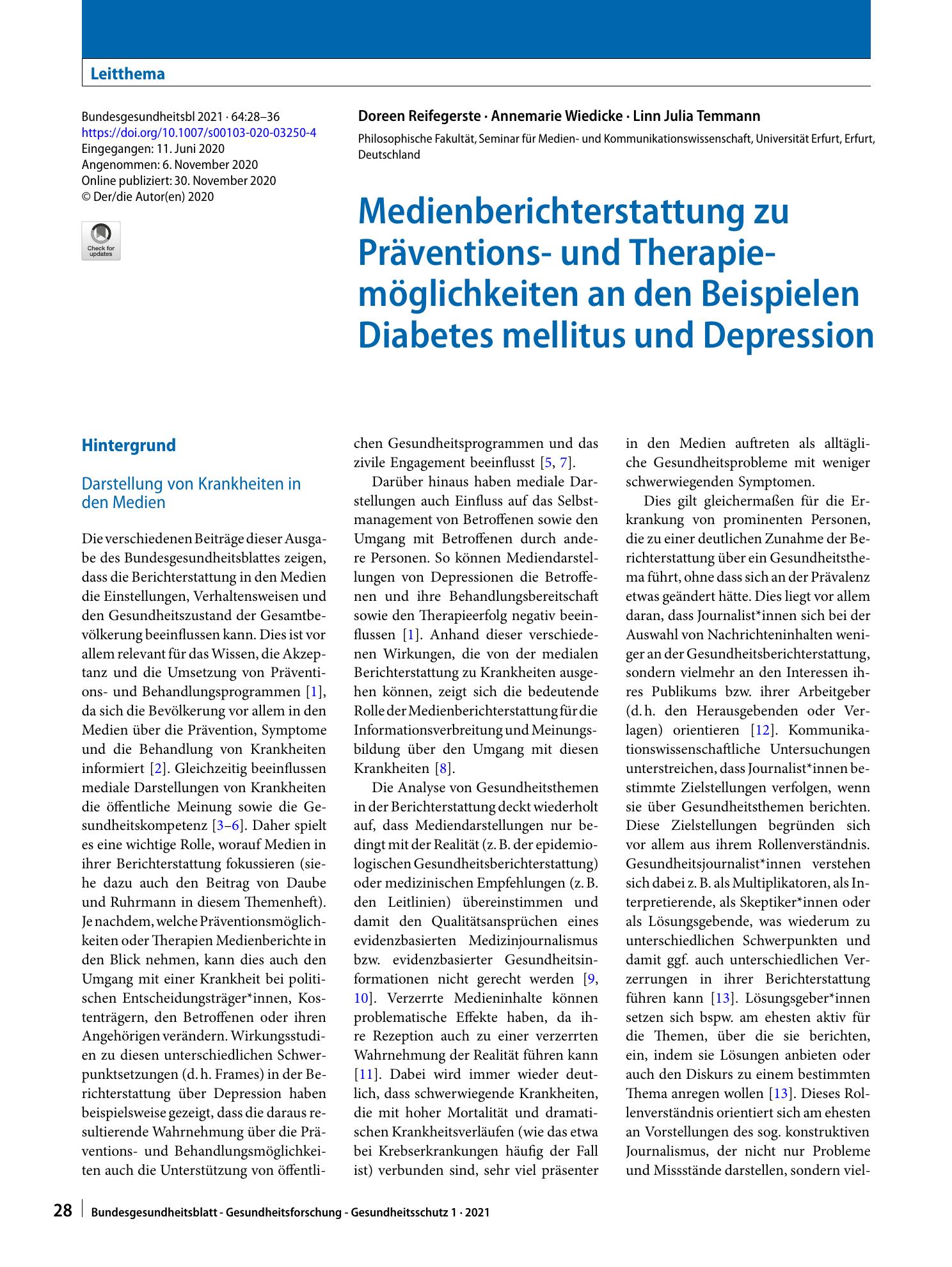 Vorschauseite 1: Medienberichterstattung zu Präventions- und Therapiemöglichkeiten an den Beispielen Diabetes mellitus und Depression