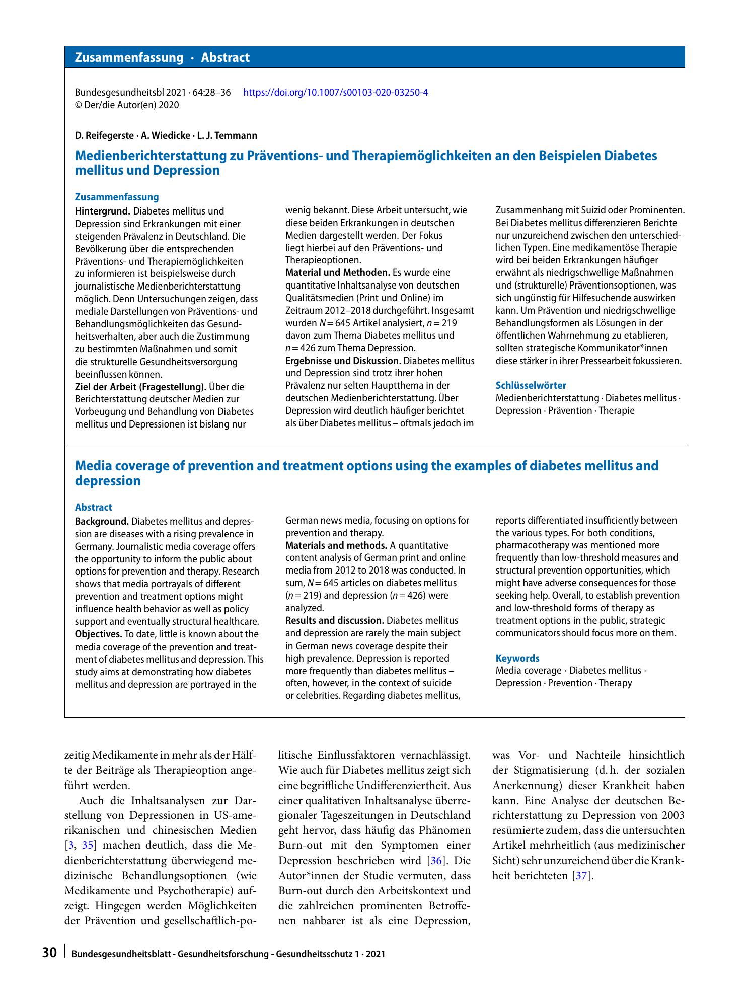 Vorschauseite 3: Medienberichterstattung zu Präventions- und Therapiemöglichkeiten an den Beispielen Diabetes mellitus und Depression