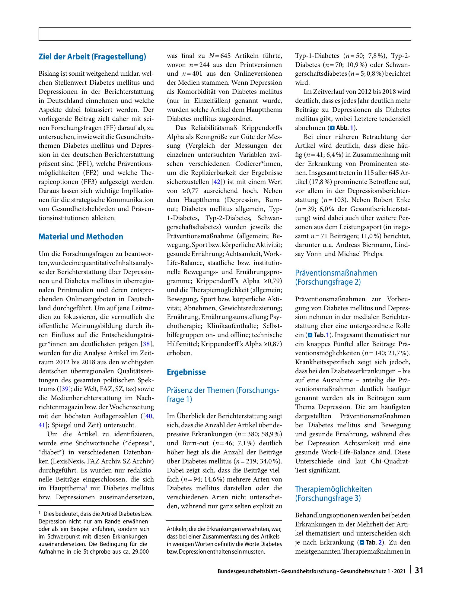 Vorschauseite 4: Medienberichterstattung zu Präventions- und Therapiemöglichkeiten an den Beispielen Diabetes mellitus und Depression