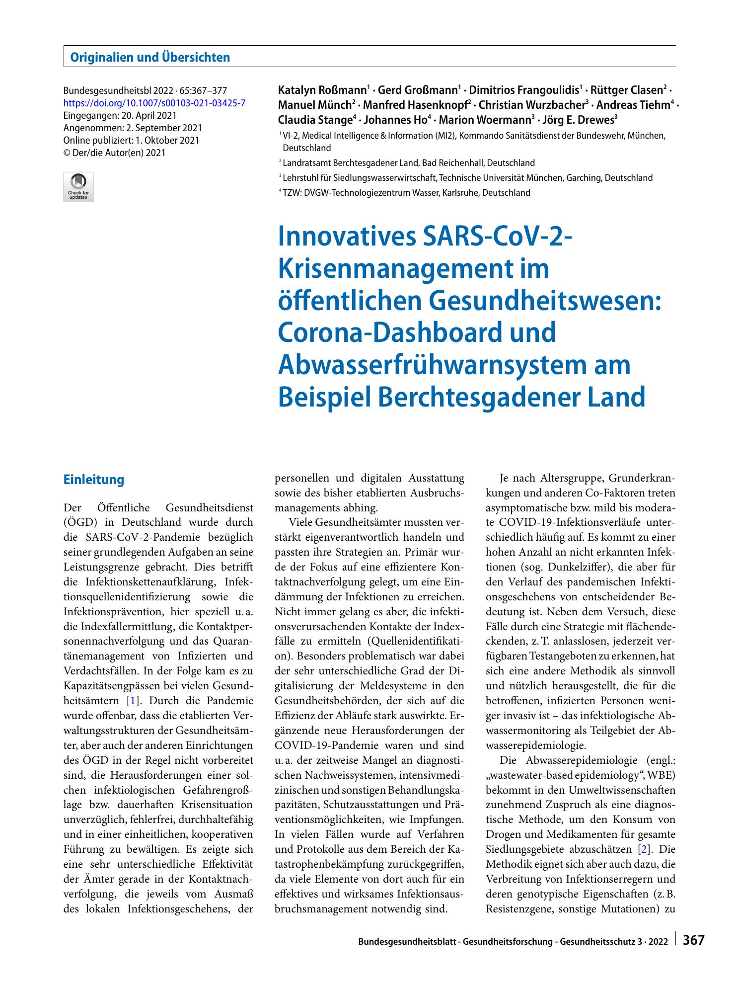 Vorschauseite 1: Innovatives SARS-CoV-2-Krisenmanagement im öffentlichen Gesundheitswesen: Corona-Dashboard und Abwasserfrühwarnsystem am Beispiel Berchtesgadener Land