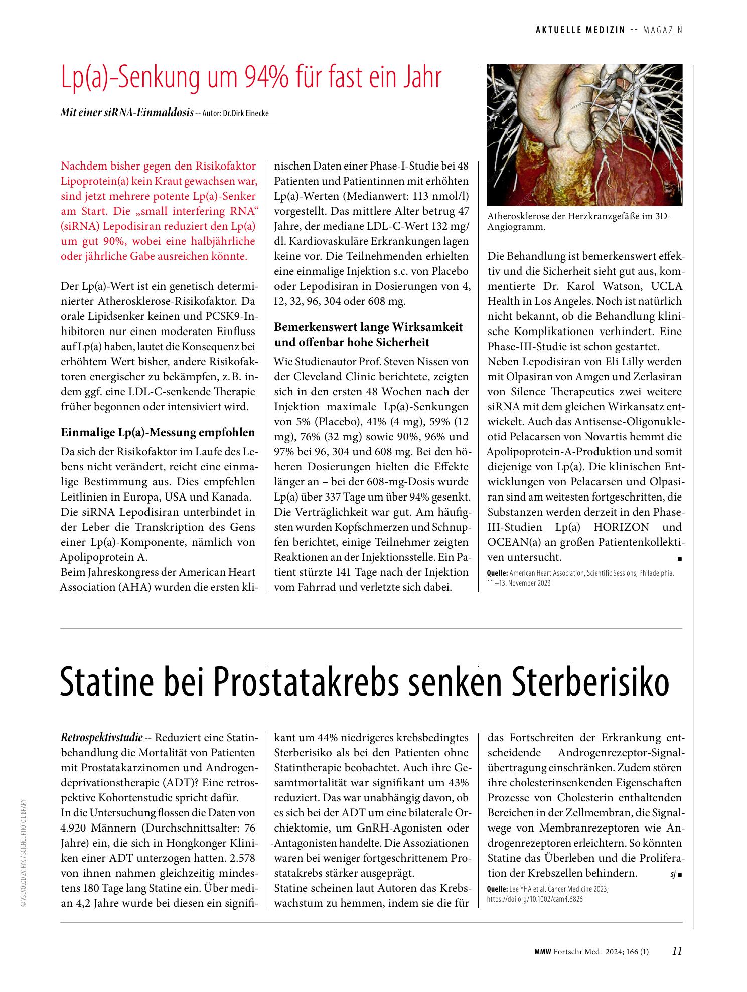 Vorschauseite 1: Statine bei Prostatakrebs senken Sterberisiko