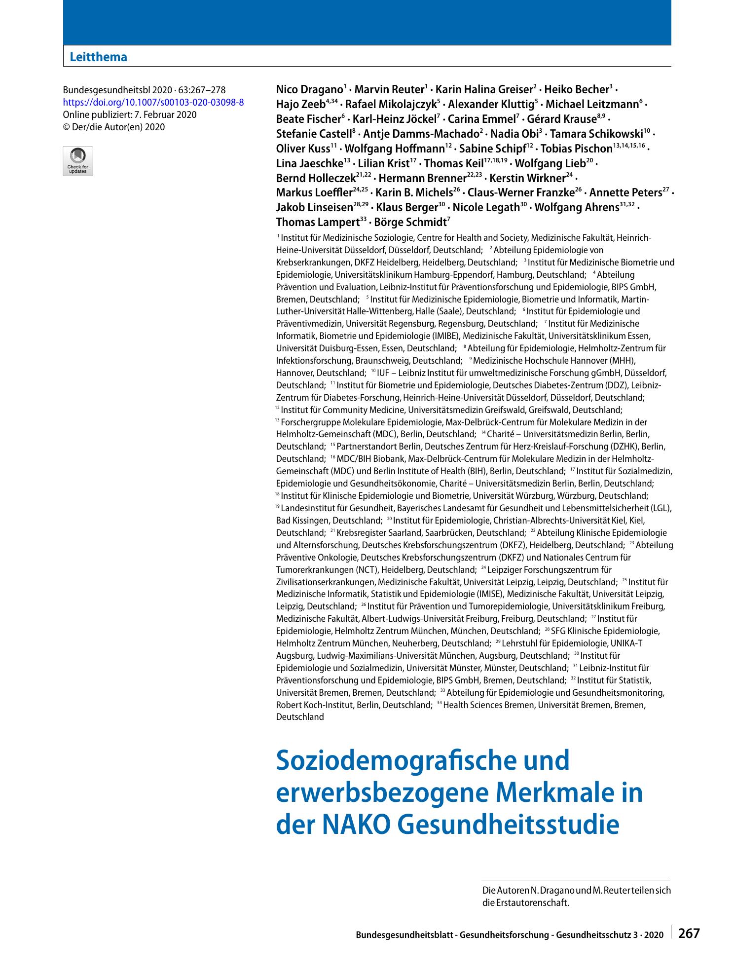 Vorschauseite 1: Soziodemografische und erwerbsbezogene Merkmale in der NAKO Gesundheitsstudie