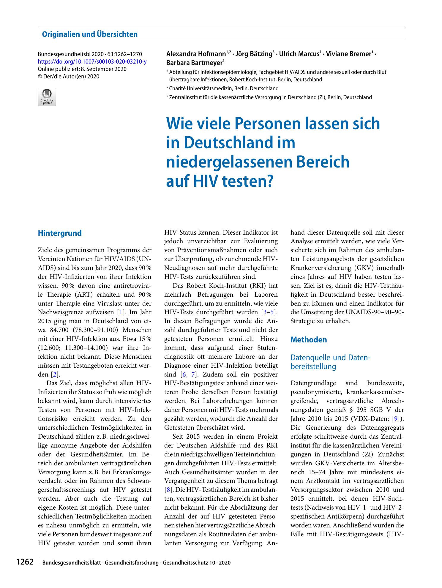 Vorschauseite 1: Wie viele Personen lassen sich in Deutschland im niedergelassenen Bereich auf HIV testen?