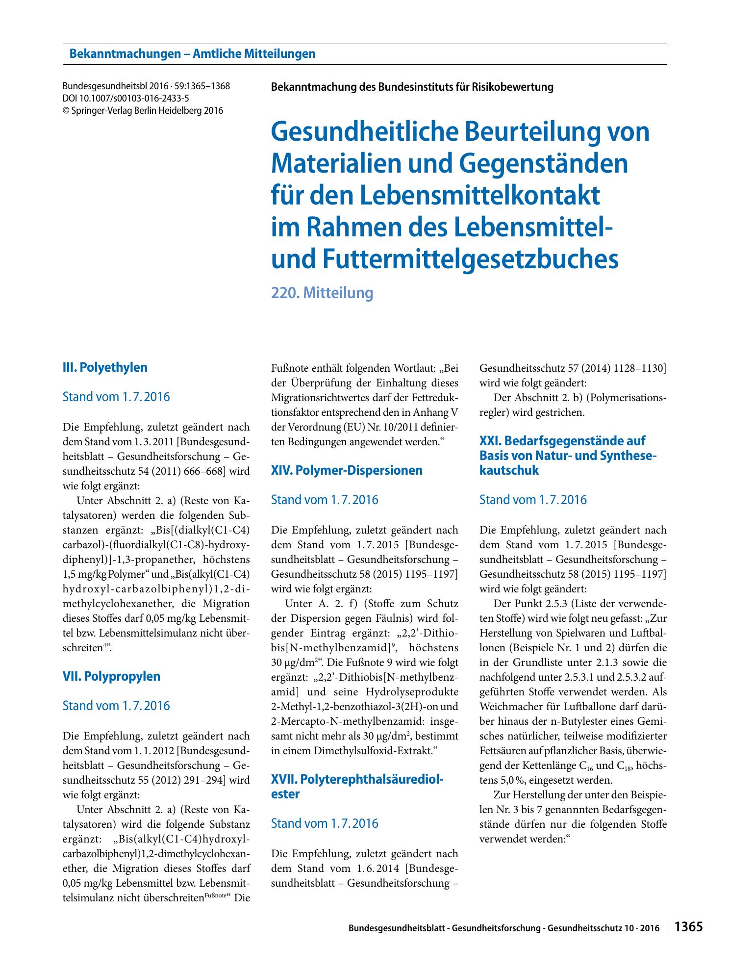 Vorschauseite 1: Gesundheitliche Beurteilung von Materialien und Gegenständen für den Lebensmittelkontakt im Rahmen des Lebensmittel- und Futtermittelgesetzbuches