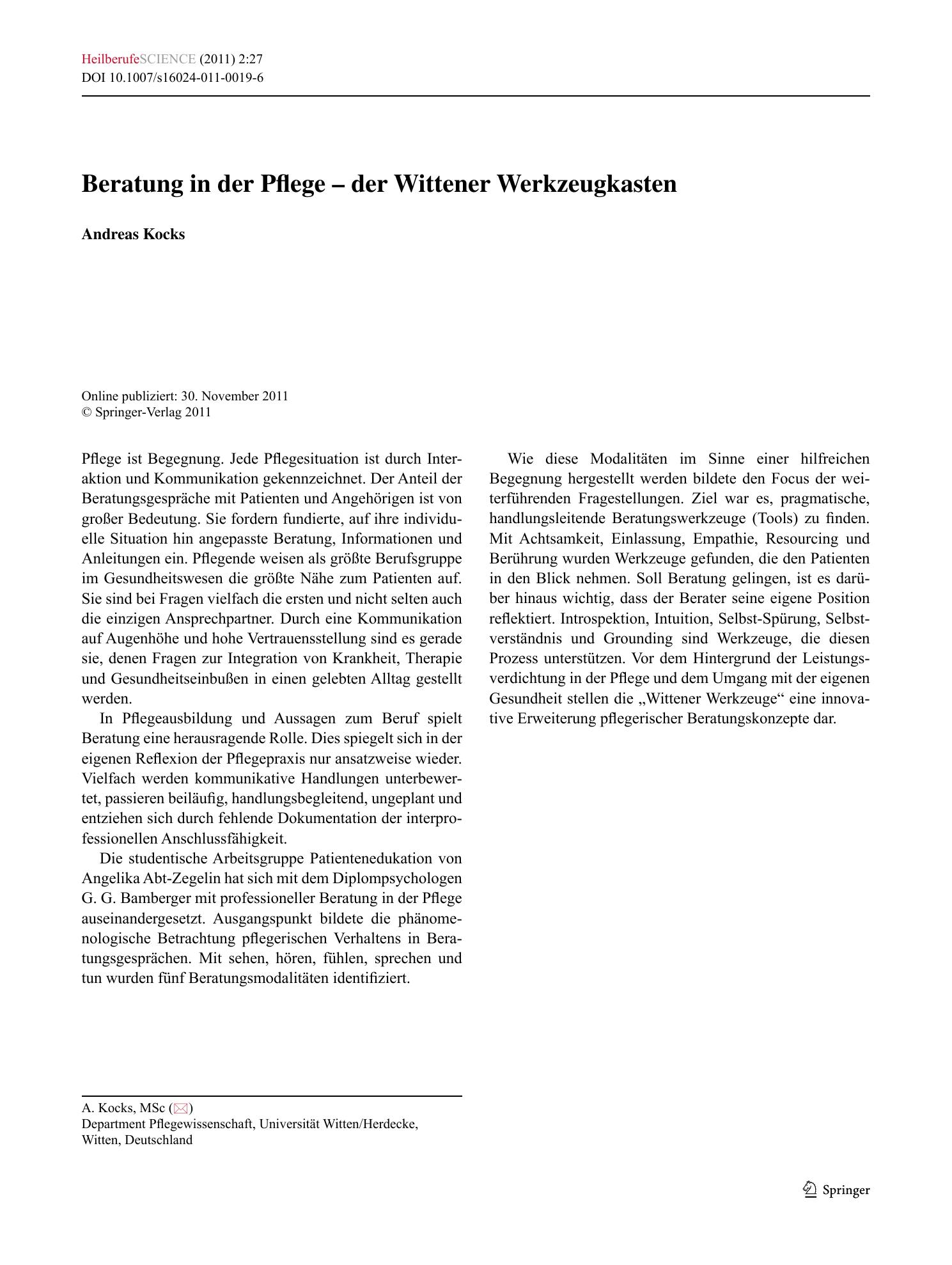 Vorschauseite 1: Beratung in der Pflege – der Wittener Werkzeugkasten
