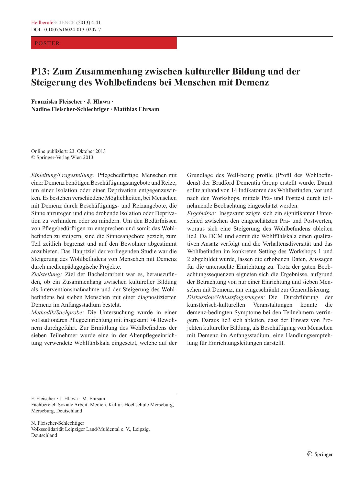 Vorschauseite 1: P13: Zum Zusammenhang zwischen kultureller Bildung und der Steigerung des Wohlbefindens bei Menschen mit Demenz