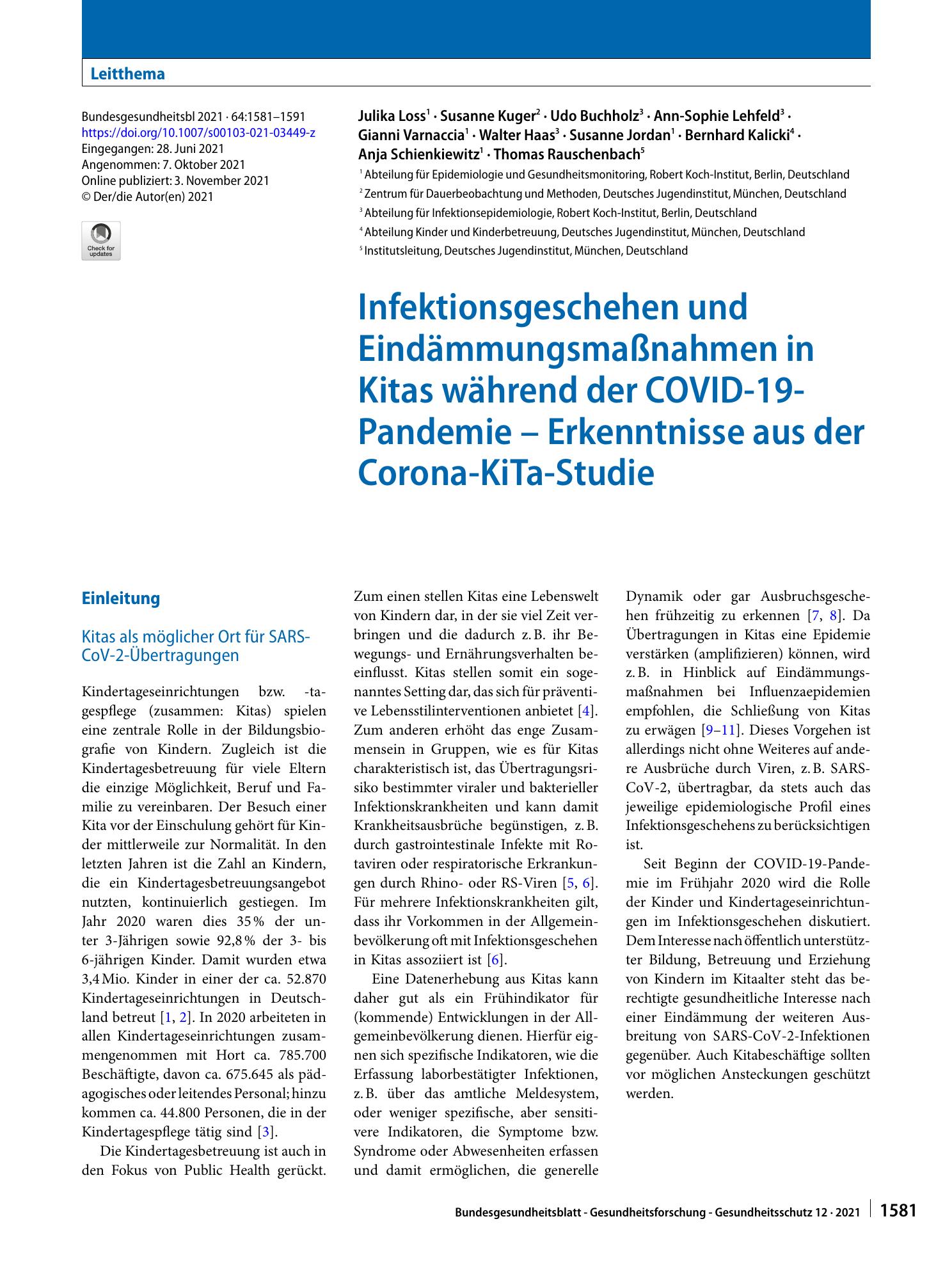 Vorschauseite 1: Infektionsgeschehen und Eindämmungsmaßnahmen in Kitas während der COVID-19-Pandemie – Erkenntnisse aus der Corona-KiTa-Studie