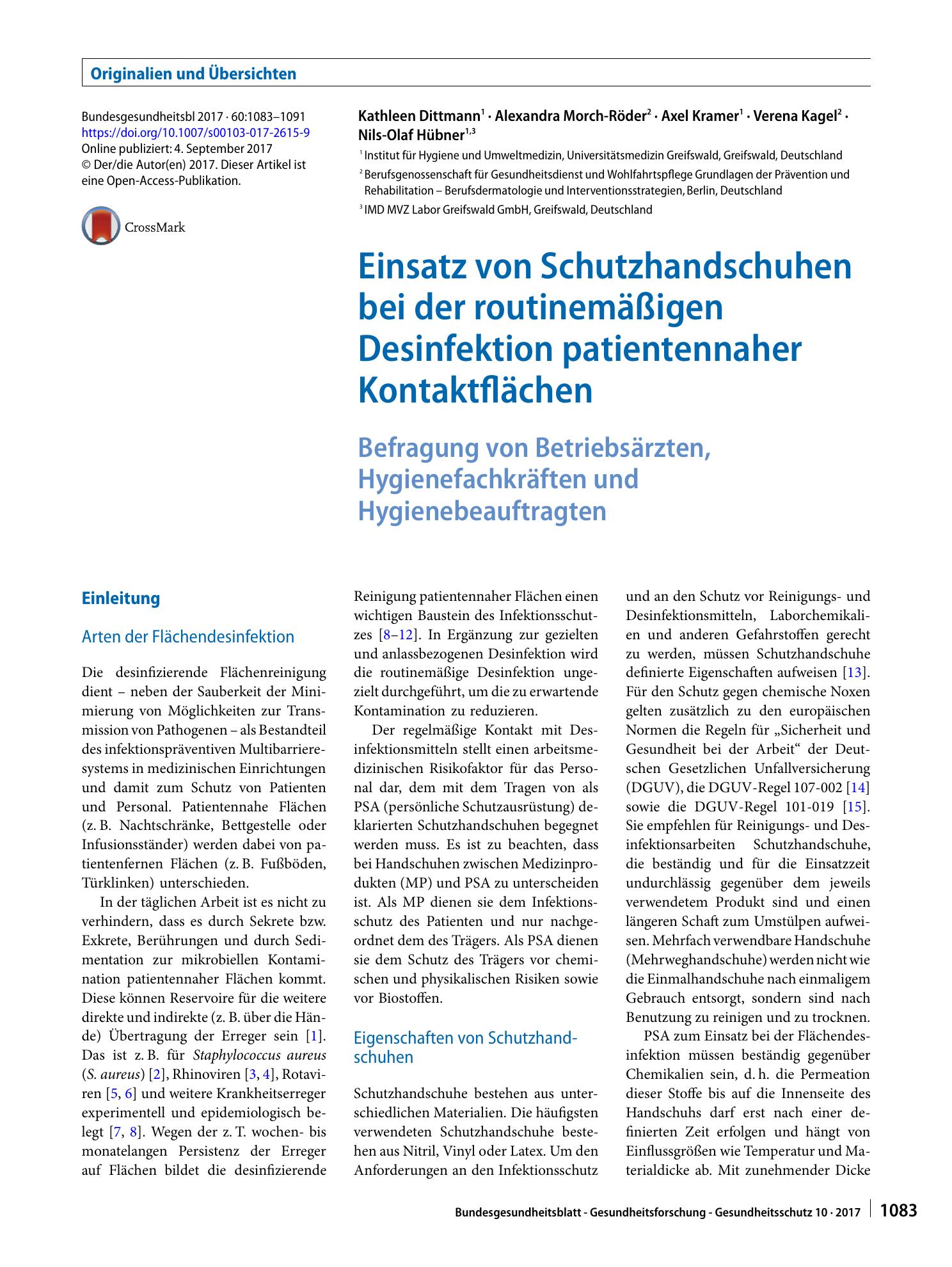 Vorschauseite 1: Einsatz von Schutzhandschuhen bei der routinemäßigen Desinfektion patientennaher Kontaktflächen